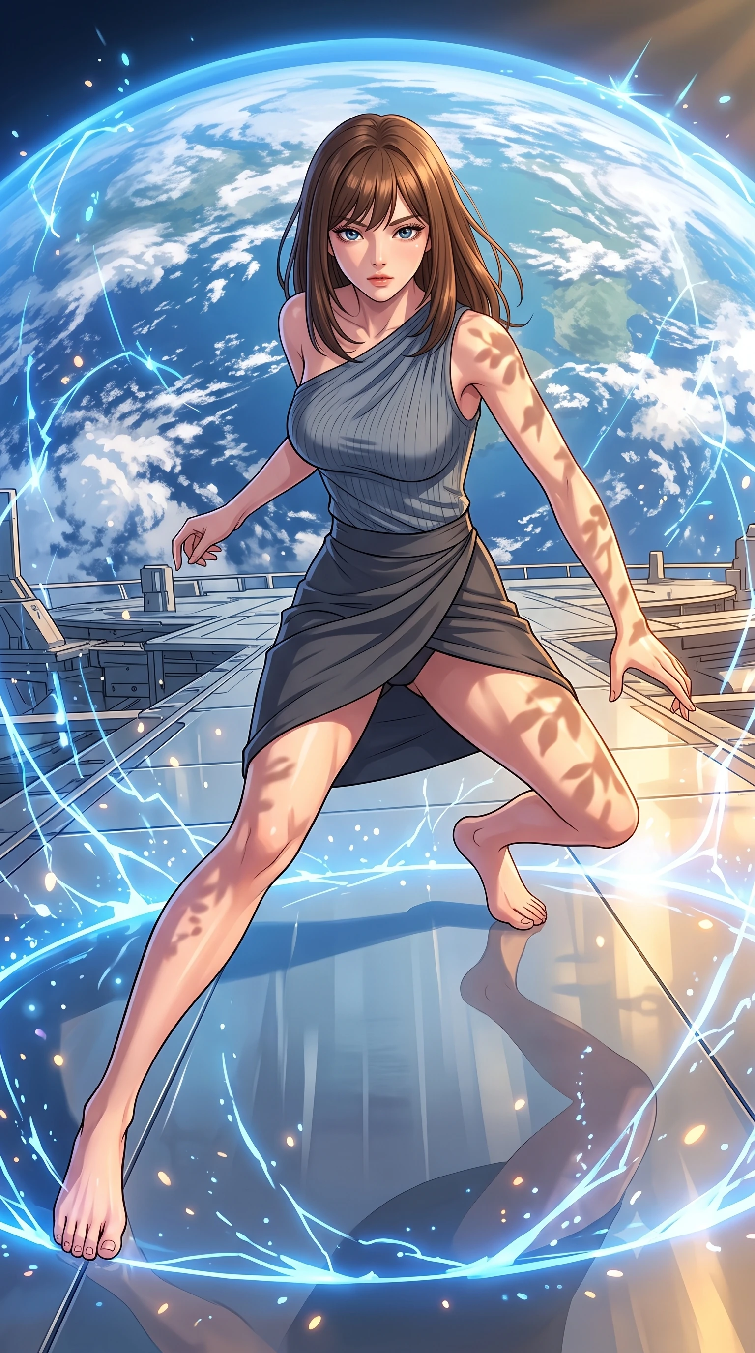 score_9, masterpiece, best quality, ultra-detailed, high-budget anime keyframe, clean line-art, cel-shading, Korean woman. low angle full-body shot from head to toe showing her feet, filling the entire 9:16 vertical frame with her statuesque presence, stretching her vertical silhouette. skidding across a slick reflective surface in a low combat stance through a high-altitude platform overlooking earth, where a blue dome shield pulses with defensive energy arcs. She has a statuesque 8.5-heads proportion, an exceptionally tall, slender and willowy model-like build with impossibly long legs and a highly sculpted ultra-slim waist. sharp v-shaped jawline, high-bridge nose, intricate jewel-like eyes with depth, thick eyelashes, glossy lips with a natural sheen. wearing catching and diffusing the glowing particles, shimmering softly in response to the surrounding light, a body-hugging asymmetric draped knit top in slate grey, paired with a matching high-waisted charcoal wrap skirt wrapping her hips. warm golden afternoon sunbeams casting soft organic leaf shadows across her skin. highly saturated vibrant anime colors, intense vivid color palette, volumetric dynamic lighting, 2k, ultra detail, master piece, 9:16 ratio