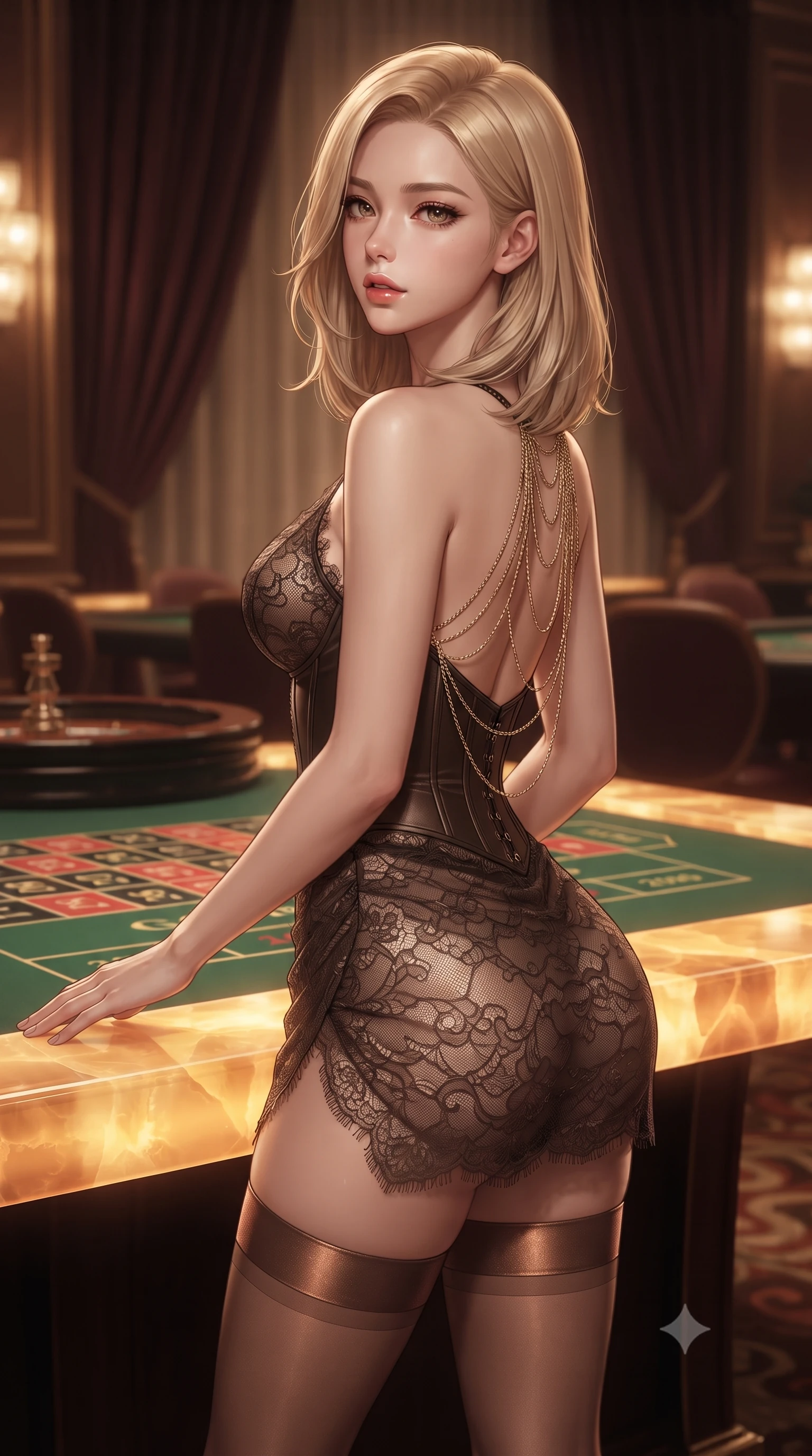 score_9, masterpiece, best quality, ultra-detailed, high-budget anime keyframe, editorial fashion photography, tasteful artistic composition, Korean woman. close-up cowboy shot from the waist and thighs up, the character dominates the composition, filling the frame with her large presence. posing in an alluring rear three-quarter angle, looking over a bare shoulder with parted glossy lips, her hips cocked back to highlight her slim hourglass curve while standing poised beside the green baize roulette table with hips cocked back, casting an intoxicating, heavy-lidded smile. The background shows a soft-focus heavy velvet salon portières softened in historic Riviera gambling salon shallow focus. She has an exceptionally elegant, slender, and willowy female figure with an ultra-slim waist, flat toned midriff, narrow ribcage, and sculpted feminine hips creating an alluring, slim hourglass silhouette without bulk. sharp v-shaped jawline, high-bridge nose, sparkling eyes with hypnotic seductive depth, thick curled eyelashes, glossy parted lips with a natural dewy peach sheen, alluring bedroom-eyes with an enchanting coquettish smile, exuding magnetic siren charisma and sophisticated glamour, flawlessly proportioned anatomical accuracy, strict slender model proportions, natural body alignment, perfectly sculpted long slender limbs, ultra-slim waistline, clean dynamic posture without body distortion. wearing a structured boned leatherette corset bodice paired with an ultra-short micro-wrap mini skirt and sheer thigh-high stockings in sultry espresso bronze and metallic copper, made of delicate semi-sheer French Chantilly lace with intricate eyelash edges, accented with an open-back drape framed by falling strands of delicate gold chains, the liquid-tight tailored fabric clinging flawlessly to her narrow waist and rounded feminine hips, emphasizing every millimeter of her sculpted slim hourglass curves without any bulky heaviness. bathed in warm intimate glow radiating upward through the translucent honey-onyx bar top. ultra-reflective glossy finish, specular highlights, rich textural contrasts, high-contrast stereoscopic depth, volumetric dynamic lighting, 2k, ultra detail, master piece, 9:16 ratio