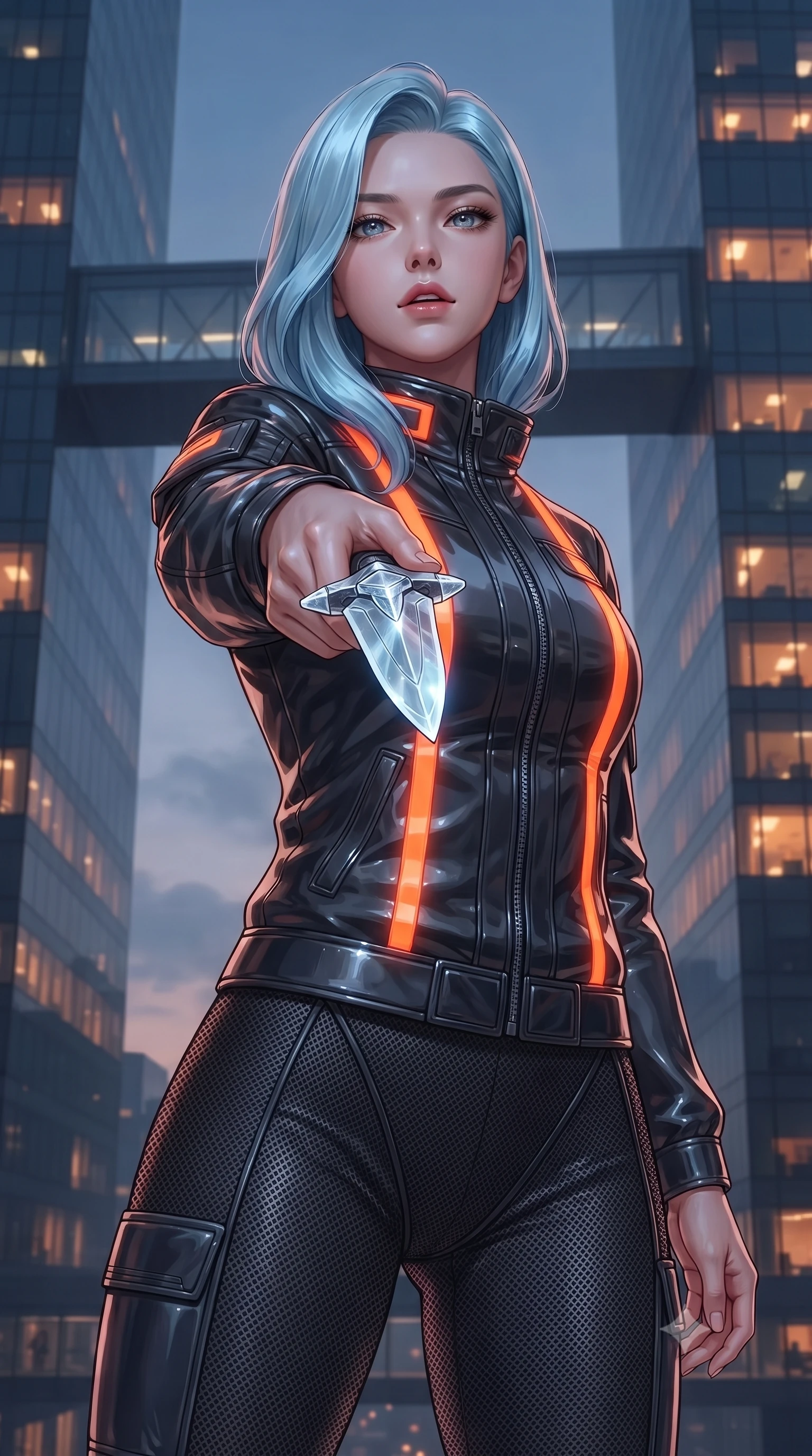 score_9, masterpiece, best quality, ultra-detailed, high-budget anime keyframe, editorial fashion photography, tasteful artistic composition, Korean woman. close-up cowboy shot from the waist and thighs up, the character dominates the composition, filling the frame with her large presence, background elements kept in soft focus. pointing a crystal-edged laser dagger forward in a defensive stance, tilting her chin up slightly with lips parted in a composed pose, the background shows a soft-focus a futuristic skybridge connecting two massive glass skyscrapers at dusk. She has an exceptionally elegant, slender, and willowy female figure with an ultra-slim waist, a gracefully sculpted slender torso, and a refined silhouette. sharp v-shaped jawline, high-bridge nose, intricate jewel-like eyes with depth, thick eyelashes, glossy lips with a natural sheen. wearing a slim-fit heavy polar-combat jacket with neon orange warning stripes, worn over thick carbon-mesh thermal trousers. cool twilight key light contrasting with the warm amber glow of internal office windows. ultra-reflective glossy finish, specular highlights, metallic sheen, high-contrast stereoscopic depth, volumetric dynamic lighting, 2k, ultra detail, master piece, 9:16 ratio