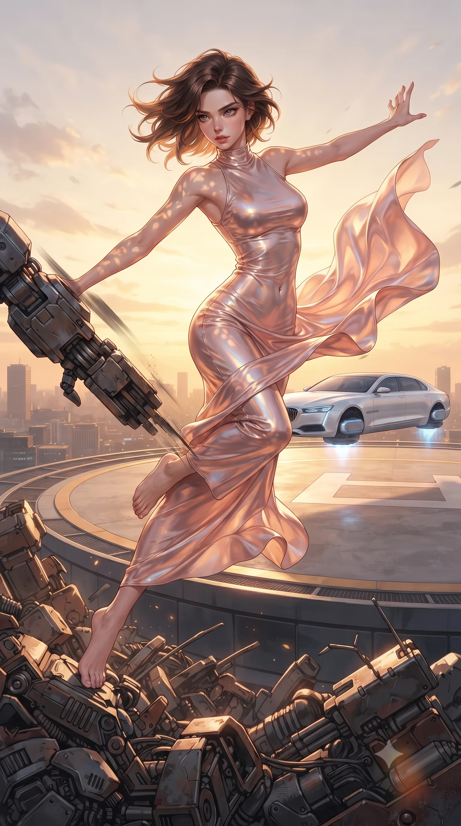 score_9, masterpiece, best quality, ultra-detailed, high-budget anime keyframe, editorial fashion photography, tasteful artistic composition, realistic cosplay photography, Korean woman. low angle full-body shot from head to toe showing her feet, filling the entire 9:16 vertical frame with her statuesque presence, stretching her vertical silhouette. acrobatically dodging a heavy mech's swipe by vaulting off a pile of cybernetic debris through a circular launching pad on top of a luxury hotel, a sleek white hover-limousine preparing to lift off. She has a statuesque 8.5-heads proportion, an exceptionally tall, slender and willowy model-like build with impossibly long legs and a highly sculpted ultra-slim waist. sharp v-shaped jawline, high-bridge nose, intricate jewel-like eyes with depth, thick eyelashes, glossy lips with a natural sheen. wearing the lightweight fabric rippling and billowing dramatically with her movement, a slim-fit form-fitting high-neck gown in holographic rose gold, tracing every curve of her slender, statuesque silhouette. warm golden afternoon sunbeams casting soft organic leaf shadows across her skin. ultra-reflective glossy finish, specular highlights, metallic sheen, high-contrast stereoscopic depth, volumetric dynamic lighting, 2k, ultra detail, master piece, 9:16 ratio