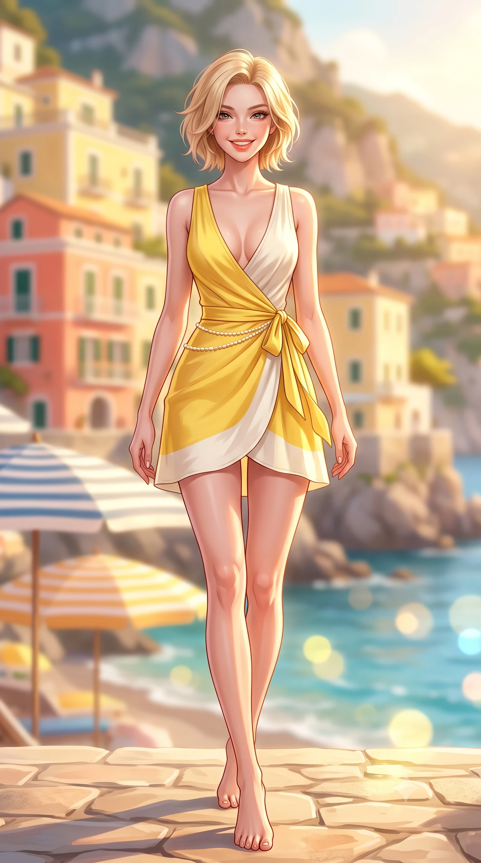 score_9, masterpiece, best quality, ultra-detailed, high-budget anime keyframe, semi-realistic 3D game render, editorial fashion photography, tasteful artistic composition, Caucasian woman. low angle full-body shot from head to toe showing her feet, filling the entire 9:16 vertical frame with her statuesque presence, stretching her vertical silhouette. stepping forward gracefully in mid-motion with a radiant beaming smile, hips swaying in an alluring kinetic rhythm that accentuates her curvy hourglass silhouette and long slender legs while standing poised on the sunlit stone terrace, twisting her slender torso in an alluring S-curve in the warm Amalfi evening breeze. The composition keeps background elements in soft focus with dreamy creamy bokeh. cascading pastel yellow and coral cliffside villas, striped beach umbrellas, and azure sea blurred into lemon-yellow, peach, and sapphire bokeh. She has an exceptionally tall and slender model-like 8.5-heads proportion, an ultra-slim waist, a flat toned midriff, narrow delicate ribcage, and beautifully sculpted feminine hips creating a graceful, slim hourglass silhouette without any bulky heaviness, with impossibly long slender legs. sharp v-shaped jawline, high-bridge nose, intricate jewel-like sparkling eyes with depth, thick eyelashes, glossy parted lips with a natural peach sheen, bright cheerful beaming smile with an enchanting and coquettish sensual glint, exuding both youthful cute charm and seductive allure, flawlessly proportioned anatomical accuracy, strict slender model proportions, natural body alignment, perfectly sculpted long slender limbs, ultra-slim waistline, clean dynamic posture without body distortion. wearing a breezy wrap mini dress with a deep V-neckline and tie-waist accentuating her sculpted flat midriff and hips in bright butter yellow and fresh cream white, crafted from soft breathable linen with effortless natural drape, accented with a dainty pearl waist chain catching the ambient sunlight, the form-fitting cut adhering flawlessly to her sculpted flat midriff and slender torso, emphasizing her long leg lines and perfectly proportioned willowy build. bathed in glorious golden hour Mediterranean sunset backlighting reflecting off pastel cliffside houses. highly saturated vibrant anime colors, detailed shading with soft gradients, rich glossy textures, high-contrast stereoscopic depth, volumetric dynamic lighting, master piece, 9:16 ratio