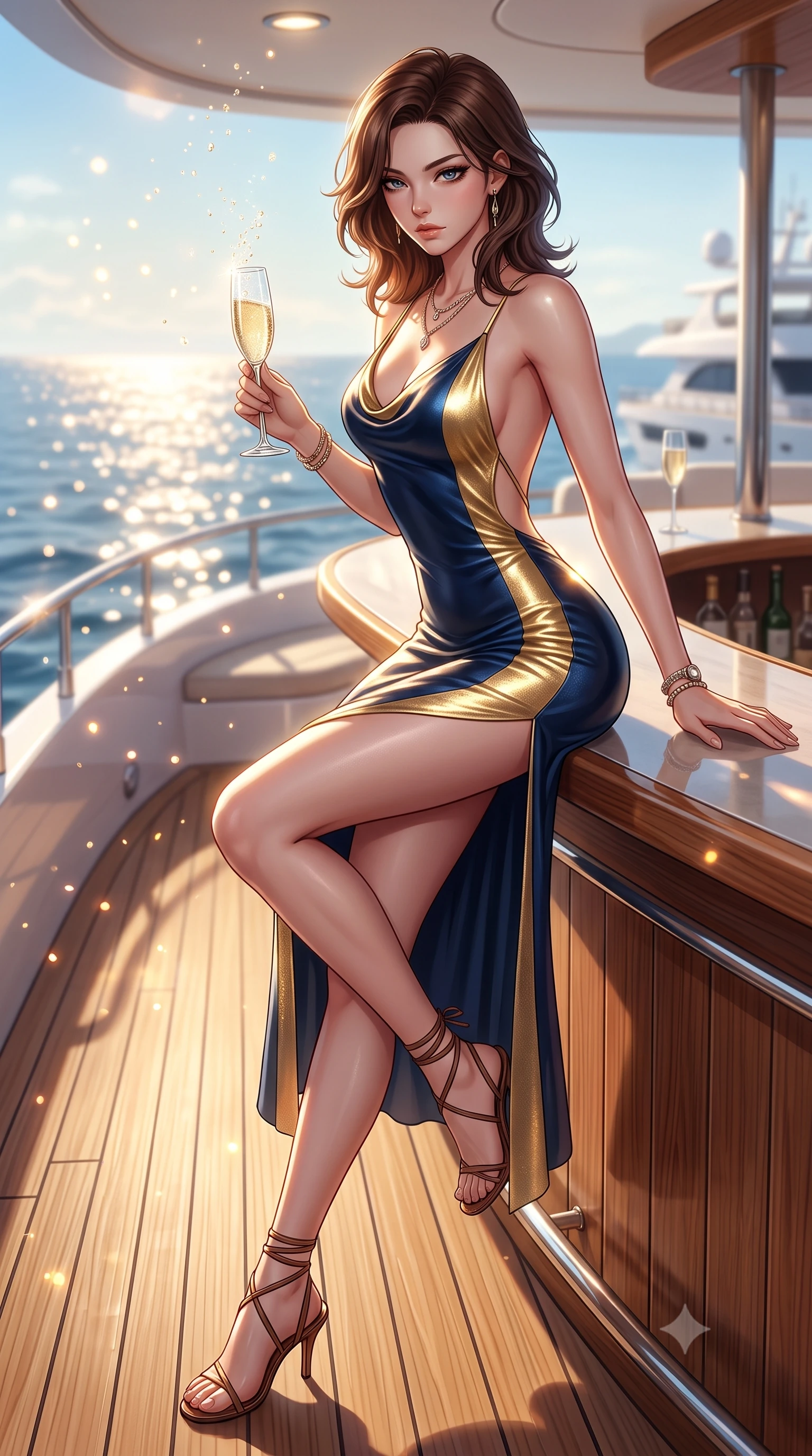 score_9, masterpiece, best quality, ultra-detailed, high-budget anime keyframe, semi-realistic 3D game render, editorial fashion photography, tasteful artistic composition, Korean woman. low angle full-body shot from head to toe showing her feet, filling the entire 9:16 vertical frame with her statuesque presence, stretching her vertical silhouette. sitting perched on the elevated ledge with hips angled toward the camera and legs crossed, displaying her toned midriff and flawlessly sculpted slender limbs while leaning against the yacht's outdoor bar with hips shifted to one side, holding a champagne flute while locking smoldering eyes with the viewer. The composition keeps background elements in soft focus with creamy bokeh. sunlight sparkle on ocean crests and champagne fizz scattering warm radiant light motes. She has an absolutely perfect, statuesque 8.5-heads proportion, an exceptionally tall and slender model-like female figure with impossibly long slender legs, a toned flat midriff, an ultra-slim waist, and beautifully sculpted feminine hips. sharp v-shaped jawline, high-bridge nose, intricate jewel-like eyes with depth, thick eyelashes, glossy parted lips with a natural sheen, intensely captivating and seductive bedroom-eyes expression, flawlessly proportioned anatomical accuracy, strict slender model proportions, natural body alignment, perfectly sculpted long slender limbs, ultra-slim waistline, clean dynamic posture without body distortion. wearing a liquid gold lamé slip dress with an ultra-deep cowl back and body-contouring hip silhouette in deep nautical navy blue and liquid gold, tailored from crisp structured cotton poplin with organic dye, accessorized with minimalist leather wrap sandals and a champagne flute in hand, the precision-cut side openings and low-back scoop framing her graceful spine and the sensual sweep of her hips. illuminated by glowing specular sun glints defining her sculpted collarbones, ultra-slim waist, and curvy hips. highly saturated vibrant anime colors, detailed shading with soft gradients, rich glossy textures, high-contrast stereoscopic depth, volumetric dynamic lighting, master piece, 9:16 ratio