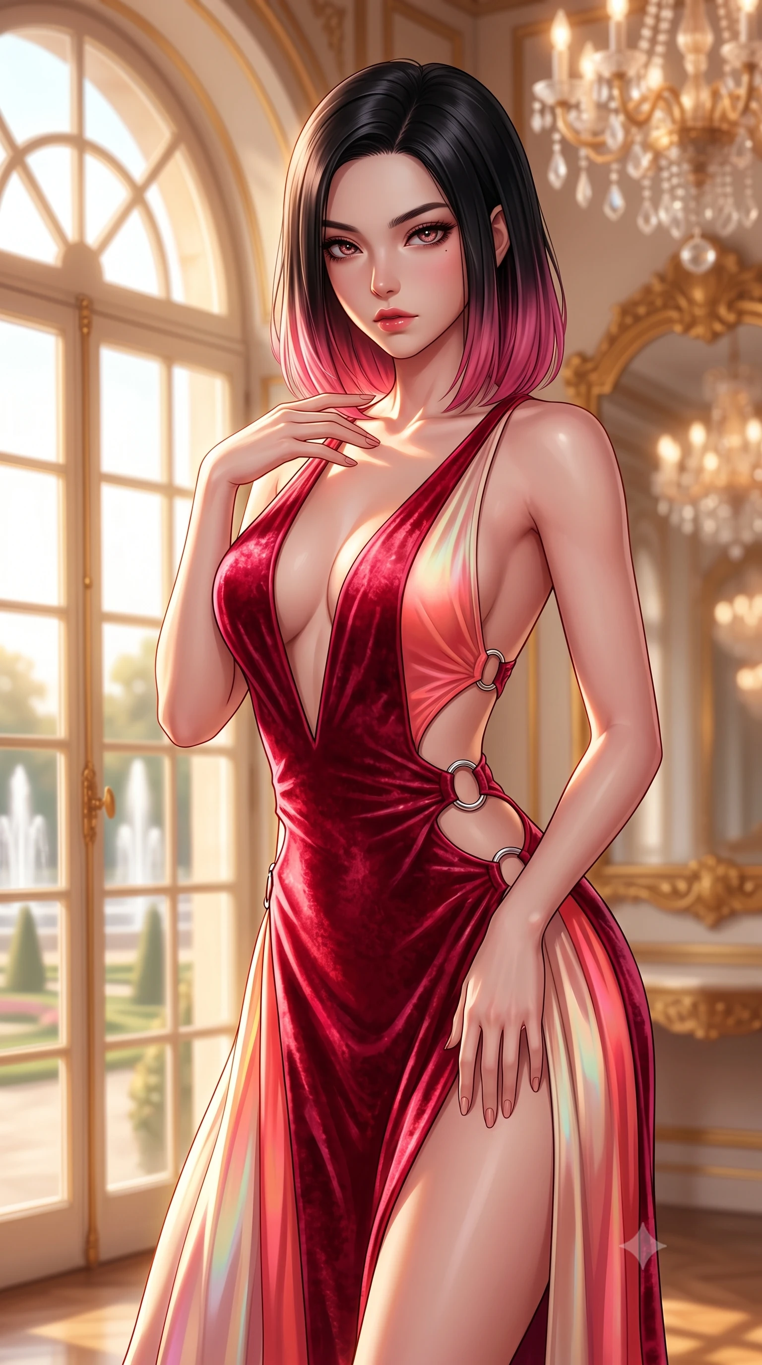 score_9, masterpiece, best quality, ultra-detailed, high-budget anime keyframe, semi-realistic 3D game render, editorial fashion photography, tasteful artistic composition, Korean woman. close-up cowboy shot from the waist and thighs up, the character dominates the composition, filling the frame with her large presence. leaning forward with a dangerous, enticing smolder, resting one hand near her collarbone while casting a fiery, magnetic direct gaze while pausing by an arched French window overlooking manicured palace fountains as warm daylight illuminates her bare clavicle and spine. The composition keeps background elements in soft focus with creamy bokeh. gilded mirror frames and crystal chandeliers blurred into creamy, radiant amber and champagne bokeh. She has an exceptionally elegant, slender, and willowy female figure with an ultra-slim waist, a gracefully sculpted slender torso, toned flat midriff, and a refined slim silhouette. sharp v-shaped jawline, high-bridge nose, intricate jewel-like eyes with depth, thick eyelashes, glossy lips with a natural sheen, flawlessly proportioned anatomical accuracy, strict slender model proportions, natural body alignment, perfectly sculpted long slender limbs, ultra-slim waistline, clean dynamic posture without body distortion. wearing a backless crimson crushed velvet gown with a deep plunging V-neckline, strategic hip cutouts, and an ultra-high thigh slit in radiant coral pink and champagne ivory, made of smooth iridescent silk chiffon that shifts colors with movement, detailed with polished silver rings connecting the daring side-waist cutouts, the sleek second-skin cut tightly hugging her graceful clavicle, narrow waist, and feminine curves with athletic precision. bathed in dazzling golden morning sunlight reflecting off crystal and gilded mirrors. highly saturated vibrant anime colors, detailed shading with soft gradients, rich glossy textures, high-contrast stereoscopic depth, volumetric dynamic lighting, master piece, 9:16 ratio