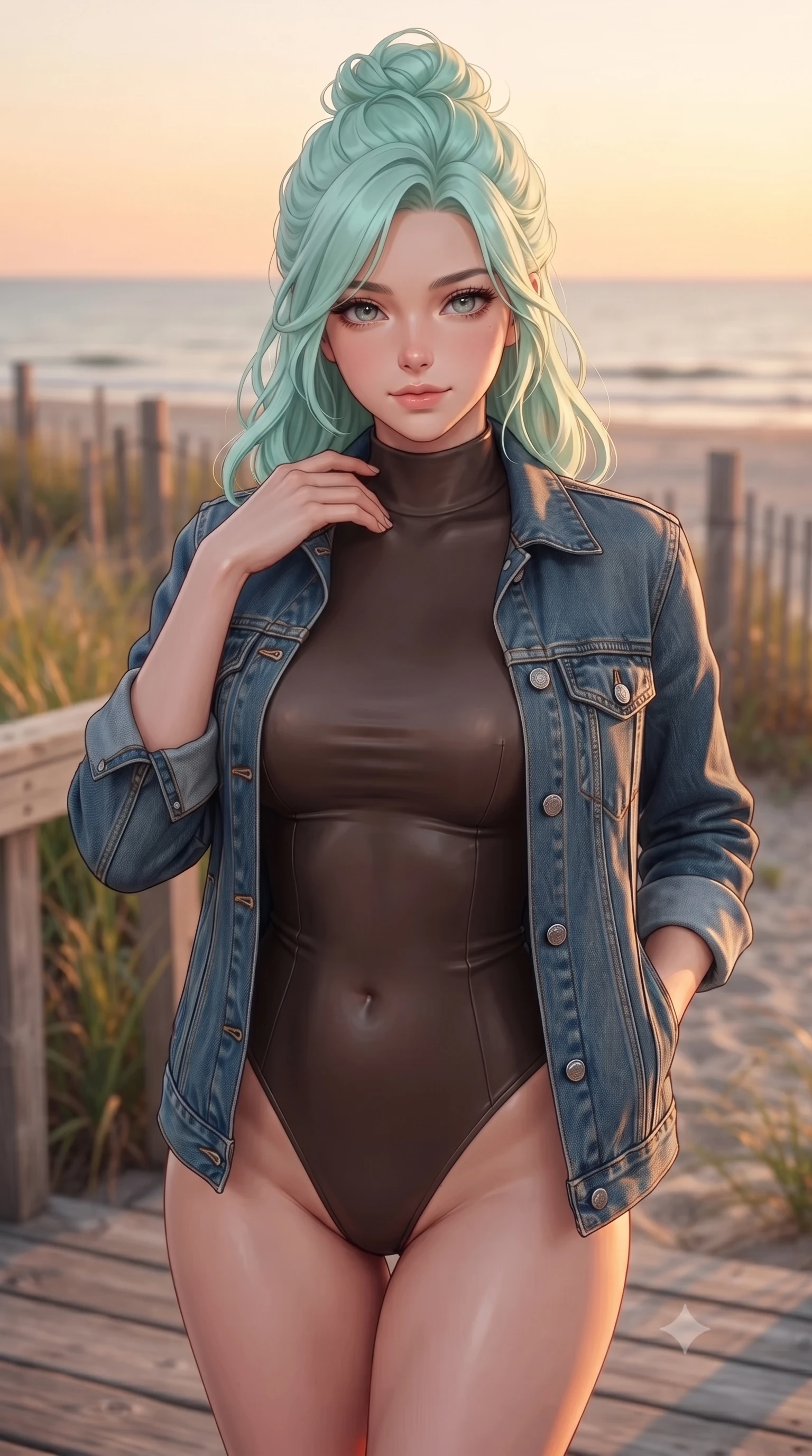 score_9, masterpiece, best quality, ultra-detailed, high-budget anime keyframe, editorial fashion photography, tasteful artistic composition, Japanese woman woman. close-up cowboy shot from the waist and thighs up, the character dominates the composition, filling the frame with her large presence, background elements kept in soft focus. standing with one hand resting on her collarbone, looking at the viewer with bedroom-eyes the background shows a soft-focus a cozy wooden deck of a beachside cottage, surrounded by beachgrass and wooden fences. She has an exceptionally elegant, slender, and willowy female figure with an ultra-slim waist, a gracefully sculpted slender torso, and a refined silhouette. sharp v-shaped jawline, high-bridge nose, intricate jewel-like eyes with depth, thick eyelashes, glossy lips with a natural sheen. wearing a body-hugging form-contouring high-neck bodysuit in dark brown, worn under a tailored open denim jacket. warm sunset light casting a peaceful, cozy orange wash on her figure. ultra-reflective glossy finish, specular highlights, metallic sheen, high-contrast stereoscopic depth, volumetric dynamic lighting, 2k, ultra detail, master piece, 9:16 ratio