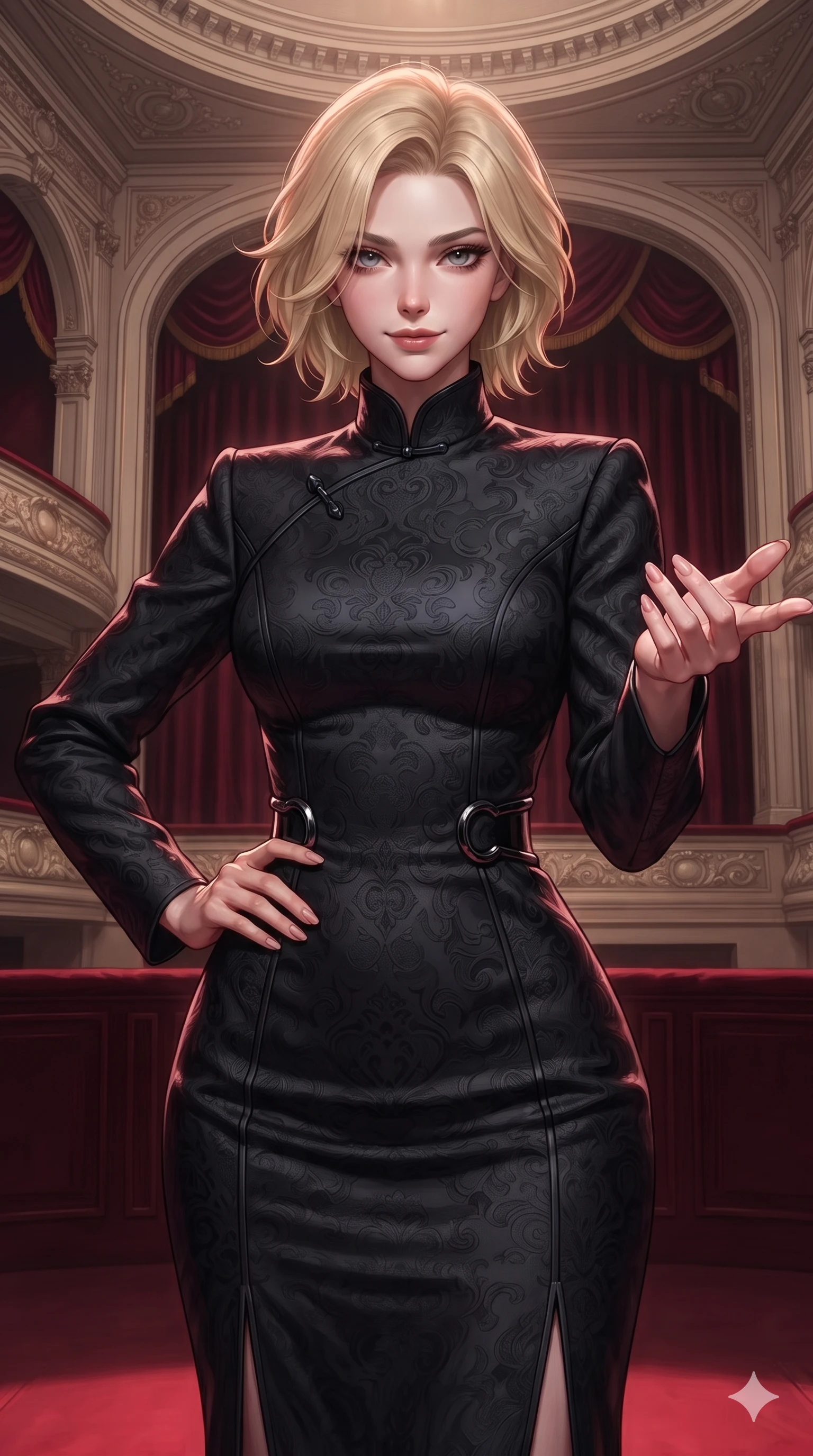 score_9, masterpiece, best quality, ultra-detailed, high-budget anime keyframe, editorial fashion photography, tasteful artistic composition, Caucasian woman. close-up cowboy shot from the waist and thighs up, the character dominates the composition, filling the frame with her large presence. holding a confident power pose with one hand on her hip, looking into the lens with smoldering intensity while reaching one hand toward the viewer with relaxed dark elegance, her tailored tux dress tracing her ultra-slim waist and hips. The surrounding environment is rendered in vivid detail and crisp panoramic clarity: detailed tailored tux dress lapel sheen, fitted waistline seams, and neoclassical theater architecture in razor-sharp precision. She has an exceptionally elegant, slender, and willowy female figure with an ultra-slim waist, flat toned midriff, narrow ribcage, and sculpted feminine hips creating an alluring, slim hourglass silhouette without bulk. sharp v-shaped jawline, high-bridge nose, intricate jewel-like dark sparkling eyes with hypnotic seductive depth, thick curled eyelashes, glossy parted lips with a natural wine sheen, alluring bedroom-eyes with an enigmatic smoldering smile, exuding magnetic sovereign charisma and dark avant-garde glamour, flawlessly proportioned anatomical accuracy, strict slender model proportions, natural body alignment, perfectly sculpted long slender limbs, ultra-slim waistline, clean dynamic posture without body distortion. wearing a structured obsidian brocade evening dress with high mandarin collar in royal amaranth purple and liquid platinum, tailored from rich silk jacquard with subtle embossed baroque patterns, accented with sculpted obsidian chrome rings at the waist, the bespoke structured tailoring following the natural line of her 8.5-heads silhouette with refined elegance. illuminated by crimson velvet rail bounce and sharp champagne-rose rim lights defining her razor-sharp jawline, narrow waist, and curvy hips. ultra-reflective glossy finish, specular highlights, metallic sheen, high-contrast stereoscopic depth, volumetric dynamic lighting, 2k, ultra detail, master piece, 9:16 ratio