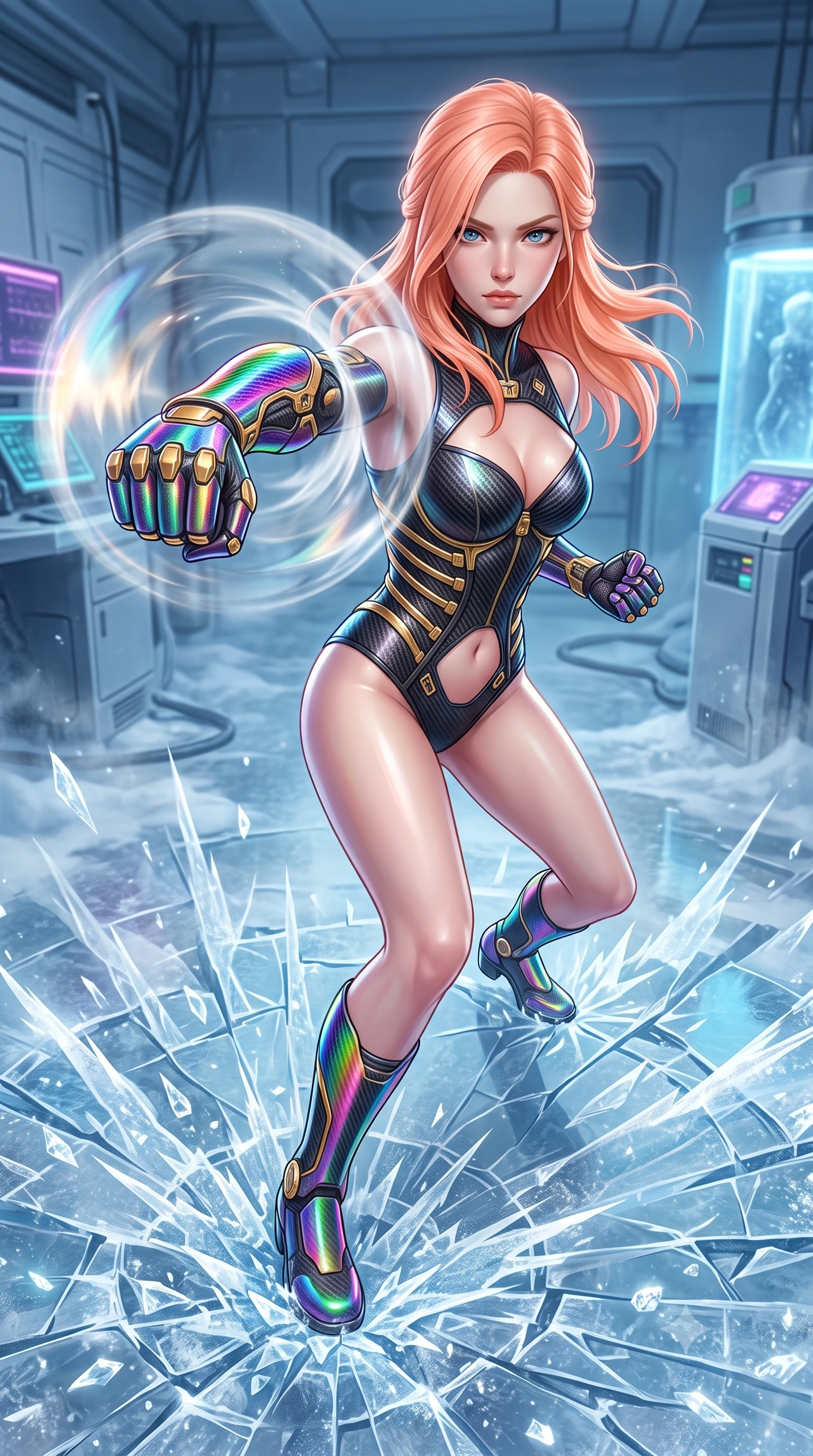 score_9, masterpiece, best quality, ultra-detailed, high-budget anime keyframe, semi-realistic 3D game render, editorial fashion photography, tasteful artistic composition, Japanese woman. close-up cowboy shot from the waist and thighs up, the character dominates the composition, filling the frame with her large presence. thrusting a high-speed kinetic punch toward the camera, a visible conical shockwave distortion wrapping around her sleek carbon forearm while stomping forcefully onto the frozen laboratory floor, sending a radial shockwave of shattered ice and diamond frost across the room. The surrounding environment is rendered in vivid detail and crisp panoramic clarity. intricate ice fracture geometries on floor, razor-sharp frost patterns on carbon armor, and cryo-mist in deep focus. She has an exceptionally elegant, slender, and willowy female figure with an ultra-slim waist, a gracefully sculpted slender torso, toned flat midriff, and a refined slim silhouette. sharp v-shaped jawline, high-bridge nose, intricate jewel-like eyes with depth, thick eyelashes, glossy lips with a natural sheen, flawlessly proportioned anatomical accuracy, strict slender model proportions, natural body alignment, perfectly sculpted long slender limbs, ultra-slim waistline, clean dynamic posture without body distortion. wearing a precision-tailored high-fashion carbon-fiber corset bodysuit with gold mechanical rib boning and kinetic shock-dampening palms in high-gloss iridescent rainbow carbon with prism holographic sheen, crafted from ultra-strong woven carbon-fiber composite with a satin luster, finished with high-mobility flexible limb seams and miniature magnetic armor locks, the precision-cut daring openings accentuating her delicate midriff, graceful bare collarbones, and ultra-slim feminine waistline. illuminated by crisp specular ice refractions outlining her ultra-slim waist, long legs, and flat midriff. rich saturated anime colors with glowing neon highlights, detailed shading with soft gradients, rich glossy textures, high-contrast stereoscopic depth, volumetric dynamic lighting, master piece, 9:16 ratio
