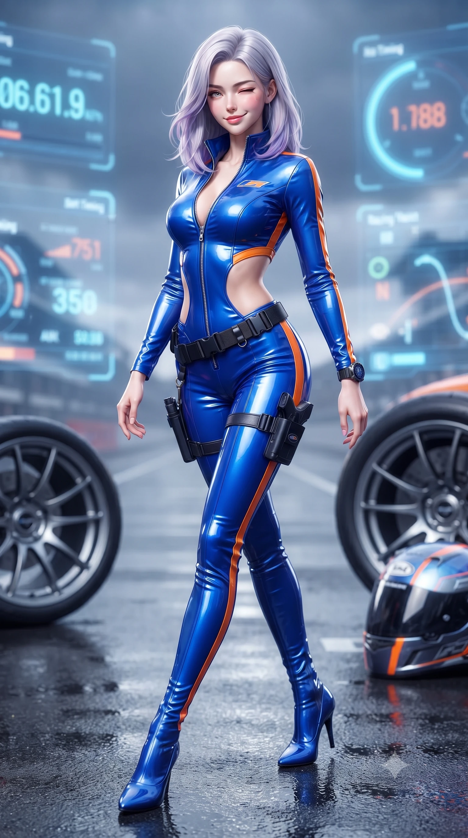 score_9, masterpiece, best quality, ultra-detailed, high-budget anime keyframe, editorial fashion photography, tasteful artistic composition, Caucasian woman. low angle full-body shot from head to toe showing her feet, filling the entire 9:16 vertical frame with her statuesque presence, stretching her vertical silhouette. pivoting dynamically with supreme athletic balance, her impossibly long slender legs and ultra-slim waist creating a mesmerizing vertical line while pivoting sharply with supermodel momentum on the wet tarmac, a playful wink breaking across her radiant face. The surrounding environment is rendered in vivid detail and crisp panoramic clarity. detailed holographic timing displays, alloy wheel spokes, and high-tech racing helmet in high clarity. She has an absolutely perfect, statuesque 8.5-heads proportion, an exceptionally tall and slender model-like female figure with impossibly long slender legs, a toned flat midriff, and an ultra-slim waist. sharp v-shaped jawline, high-bridge nose, intricate jewel-like eyes with depth, thick eyelashes, glossy parted lips with a natural sheen, intensely captivating and seductive expression, flawlessly proportioned anatomical accuracy, strict slender model proportions, natural body alignment, perfectly sculpted long slender limbs, ultra-slim waistline, clean dynamic posture without body distortion. wearing a high-gloss patent leather racing catsuit with an open front zipper and high stand collar in electric cobalt blue and high-contrast orange, tailored from high-gloss patent vinyl with sharp specular chiaroscuro, equipped with a low-slung utility holster and racing telemetry smartwatch, the precision-cut daring openings accentuating her delicate midriff, graceful bare collarbones, and ultra-slim feminine waistline. surrounded by an adrenaline-fueled, audacious, and wildly charismatic drift idol aura. ultra-reflective glossy finish, specular highlights, rich textural contrasts, high-contrast stereoscopic depth, volumetric dynamic lighting, 2k, ultra detail, master piece, 9:16 ratio