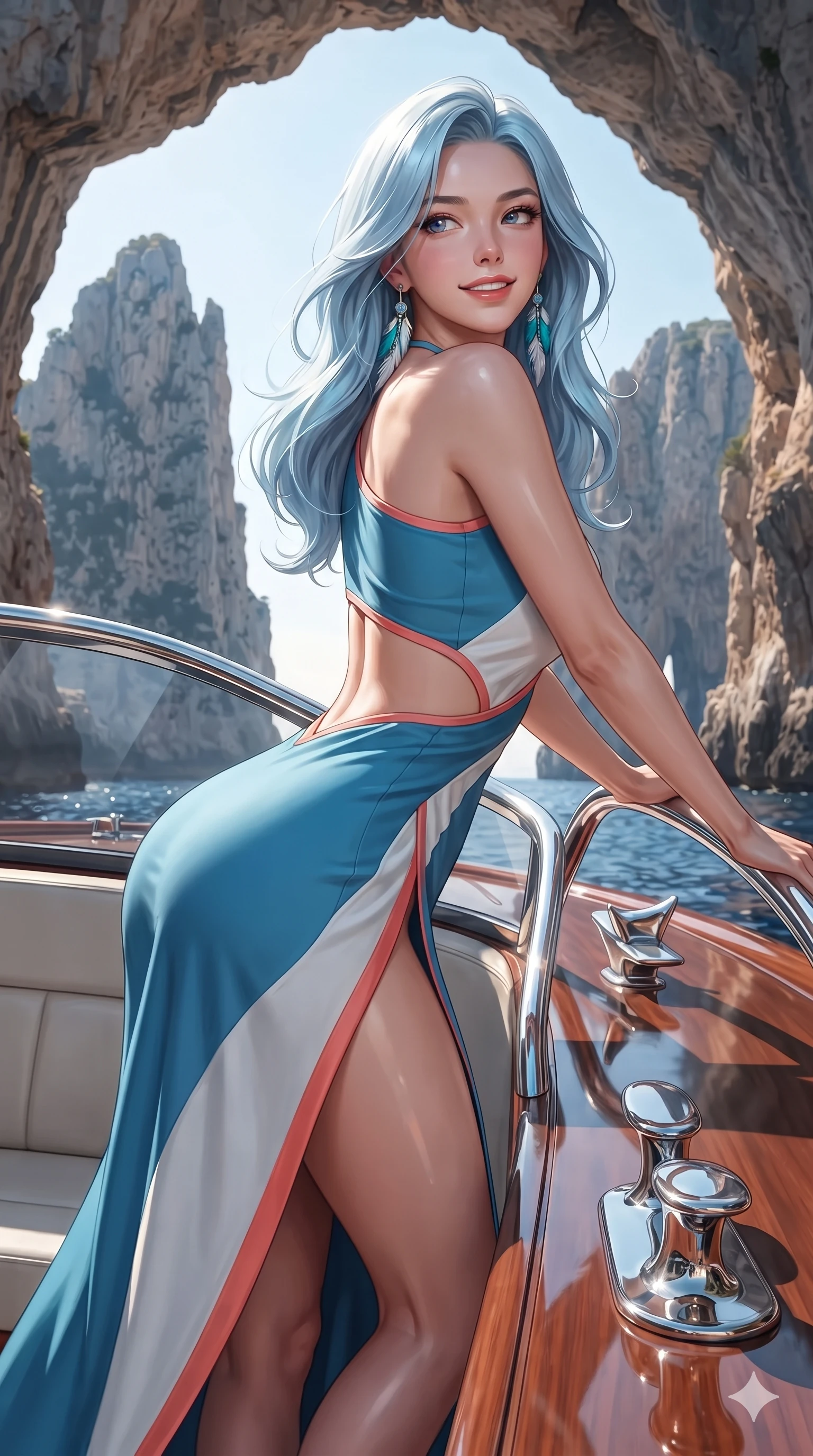 score_9, masterpiece, best quality, ultra-detailed, high-budget anime keyframe, editorial fashion photography, tasteful artistic composition, Korean woman. close-up cowboy shot from the waist and thighs up, the character dominates the composition, filling the frame with her large presence. twisting her slender torso in a deep contrapposto stance, hips dramatically shifted to accentuate her feminine curves while looking past her shoulder with smoldering bedroom-eyes while leaning against the speedboat chrome windscreen frame with hips cocked back, gazing at the monumental sea stacks with intoxicating bedroom-eyes. The surrounding environment is rendered in vivid detail and crisp panoramic clarity: sharp vertical limestone crevices, varnished mahogany wood grain with deep luster, and polished stainless steel cleat reflections in deep focus. She has an exceptionally elegant, slender, and willowy female figure with an ultra-slim waist, flat toned midriff, narrow ribcage, and sculpted feminine hips creating an alluring, slim hourglass silhouette without bulk. sharp v-shaped jawline, high-bridge nose, sparkling eyes with hypnotic seductive depth, thick curled eyelashes, glossy parted lips with a natural dewy peach sheen, alluring bedroom-eyes with an enchanting coquettish smile, exuding magnetic siren charisma and sophisticated glamour, flawlessly proportioned anatomical accuracy, strict slender model proportions, natural body alignment, perfectly sculpted long slender limbs, ultra-slim waistline, clean dynamic posture without body distortion. wearing an asymmetric one-shoulder liquid jersey resort gown with dramatic hip-high slit and waist cutout in Mediterranean cerulean blue and optic white with coral trims, woven from buttery-soft stretch lambskin leather adhering to her body like a second skin, accented with turquoise and silver bohemian feather earrings swaying near her bare neck, the impeccably tailored cut draping gracefully along her slender figure with aristocratic resort poise. bathed in the blazing Mediterranean sun cutting through the natural stone arch with high-contrast chiaroscuro shadows. ultra-reflective glossy finish, specular highlights, rich textural contrasts, high-contrast stereoscopic depth, volumetric dynamic lighting, 2k, ultra detail, master piece, 9:16 ratio