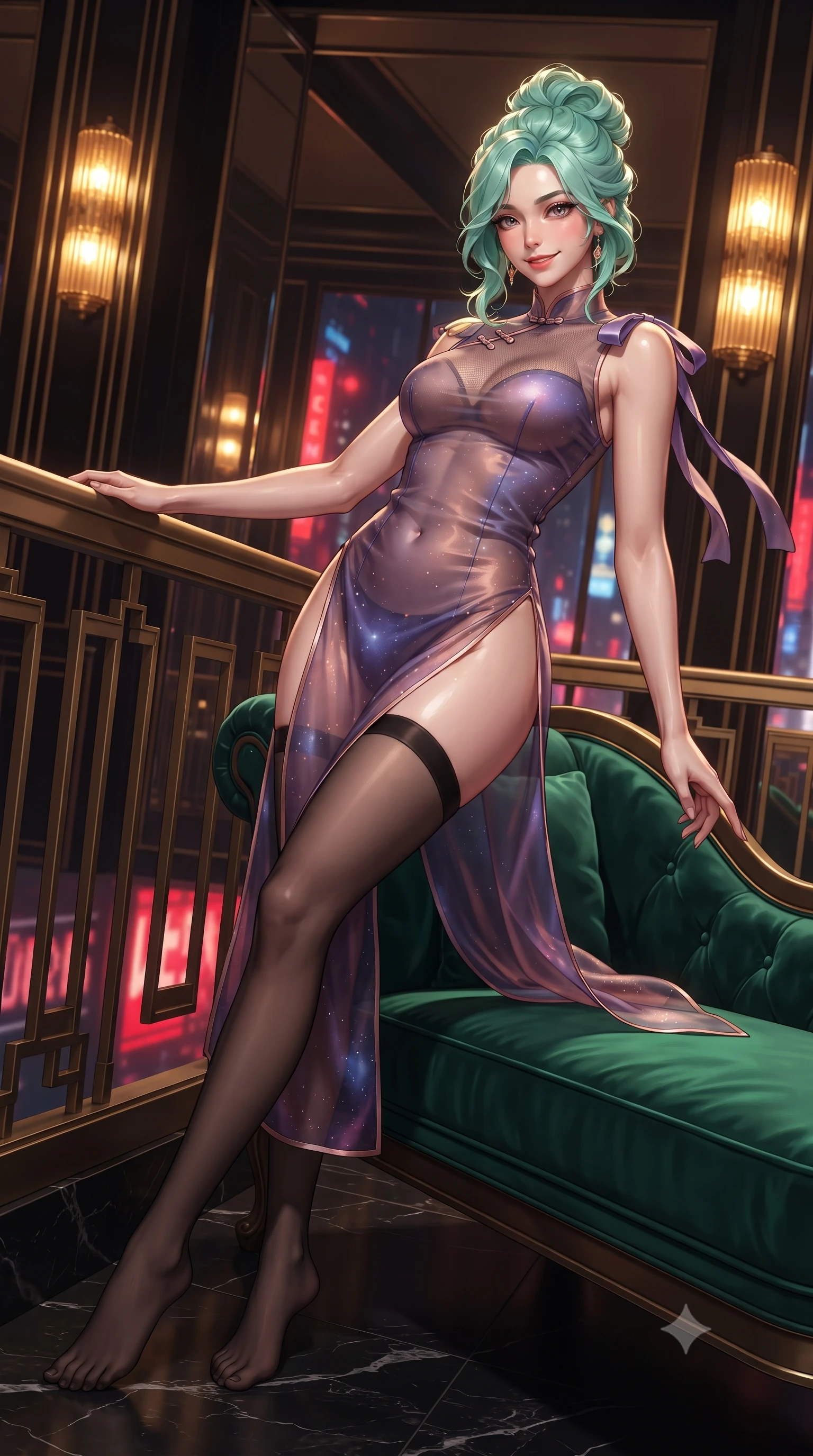 score_9, masterpiece, best quality, ultra-detailed, high-budget anime keyframe, editorial fashion photography, tasteful artistic composition, Japanese woman. low angle full-body shot from head to toe showing her feet, filling the entire 9:16 vertical frame with her statuesque presence, stretching her vertical silhouette. leaning deep against the balcony balustrade with hips cocked back in an unapologetically alluring high-fashion stance, casting an intoxicating glance while reclining gracefully across the emerald silk velvet chaise lounge propped on one elbow, displaying her long slender limbs and statuesque hourglass silhouette with sovereign supermodel poise. The surrounding environment is rendered in vivid detail and crisp panoramic clarity: sharp stepped Art Deco brass moulding reliefs, black Nero Marquina marble floor veining, and bevelled mirror seams in deep focus. She has an exceptionally tall and slender model-like 8.5-heads proportion, an ultra-slim waist, a flat toned midriff, narrow delicate ribcage, and beautifully sculpted feminine hips creating a graceful, slim hourglass silhouette without any bulky heaviness, with impossibly long slender legs. sharp v-shaped jawline, high-bridge nose, intricate jewel-like sparkling eyes with depth, thick eyelashes, glossy parted lips with a natural peach sheen, bright cheerful beaming smile with an enchanting and coquettish sensual glint, exuding both youthful cute charm and seductive allure, flawlessly proportioned anatomical accuracy, strict slender model proportions, natural body alignment, perfectly sculpted long slender limbs, ultra-slim waistline, clean dynamic posture without body distortion. wearing a provocative sheer silk organza modern qipao dress with dramatic hip-high side slits and translucent mesh frog-button bodice in orbital nebula violet and luminescent rose gold, made of fluid liquid jersey with seamless sculpting hold and smooth contours, finished with satin ribbon ties at the shoulders fluttering in the gentle breeze, the second-skin tailored fabric adhering flawlessly to her sculpted flat midriff and slender torso, emphasizing her long leg lines and perfectly proportioned willowy build. bathed in the warm golden 2500K glow of vintage amber glass sconces mixed with electric crimson and sapphire city lights spilling through glass. ultra-reflective glossy finish, specular highlights, rich textural contrasts, high-contrast stereoscopic depth, volumetric dynamic lighting, 2k, ultra detail, master piece, 9:16 ratio