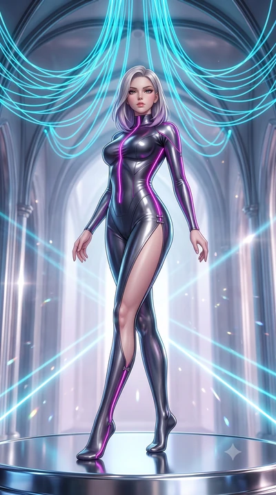 score_9, masterpiece, best quality, ultra-detailed, high-budget anime keyframe, semi-realistic 3D game render, editorial fashion photography, tasteful artistic composition, Caucasian woman. low angle full-body shot from head to toe showing her feet, 