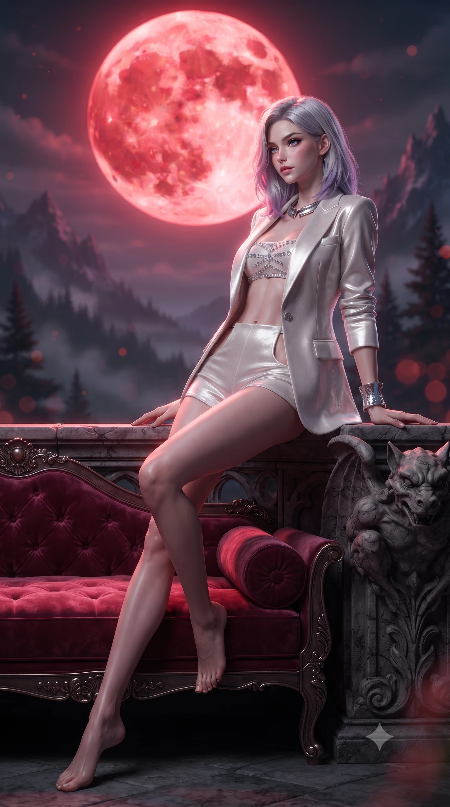 score_9, masterpiece, best quality, ultra-detailed, high-budget anime keyframe, editorial fashion photography, tasteful artistic composition, Caucasian woman. low angle full-body shot from head to toe showing her feet, filling the entire 9:16 vertical frame with her statuesque presence, stretching her vertical silhouette. lounging on the lavish daybed with legs crossed and hips angled toward the camera, displaying her toned midriff and long slender limbs with effortless siren poise while leaning against the carved stone gargoyle parapet with hips cocked back, looking back toward the giant crimson moon with bedroom-eyes. The background shows a soft-focus the colossal glowing crimson blood moon, jagged pine-covered mountain peaks, and swirling valley fog blurred into blood-orange, charcoal, and violet bokeh. She has an absolutely perfect, statuesque 8.5-heads proportion, an exceptionally tall and slender model-like female figure with impossibly long slender legs, an ultra-slim waist, a flat toned midriff, narrow delicate ribcage, and beautifully sculpted feminine hips creating a graceful, slim hourglass silhouette without any bulky heaviness. sharp v-shaped jawline, high-bridge nose, sparkling eyes with hypnotic seductive depth, thick curled eyelashes, glossy parted lips with a natural dewy peach sheen, alluring bedroom-eyes with an enchanting coquettish smile, exuding magnetic siren charisma and sophisticated glamour, flawlessly proportioned anatomical accuracy, strict slender model proportions, natural body alignment, perfectly sculpted long slender limbs, ultra-slim waistline, clean dynamic posture without body distortion. wearing a tailored open-front minimal smoking blazer worn over a jewel-embellished bandeau and micro-shorts in pure pearl alabaster with liquid platinum sheen, tailored from ultra-plush velvet with rich tactile depth and deep shadow gradients, finished with a sculptural silver torque collar and a matching wide architectural wrist cuff, the precision-cut side openings and low-back scoop framing her graceful spine and the sensual sweep of her slim, toned hips. bathed in otherworldly crimson lunar illumination cascading directly from the giant blood moon. ultra-reflective glossy finish, specular highlights, rich textural contrasts, high-contrast stereoscopic depth, volumetric dynamic lighting, 2k, ultra detail, master piece, 9:16 ratio
