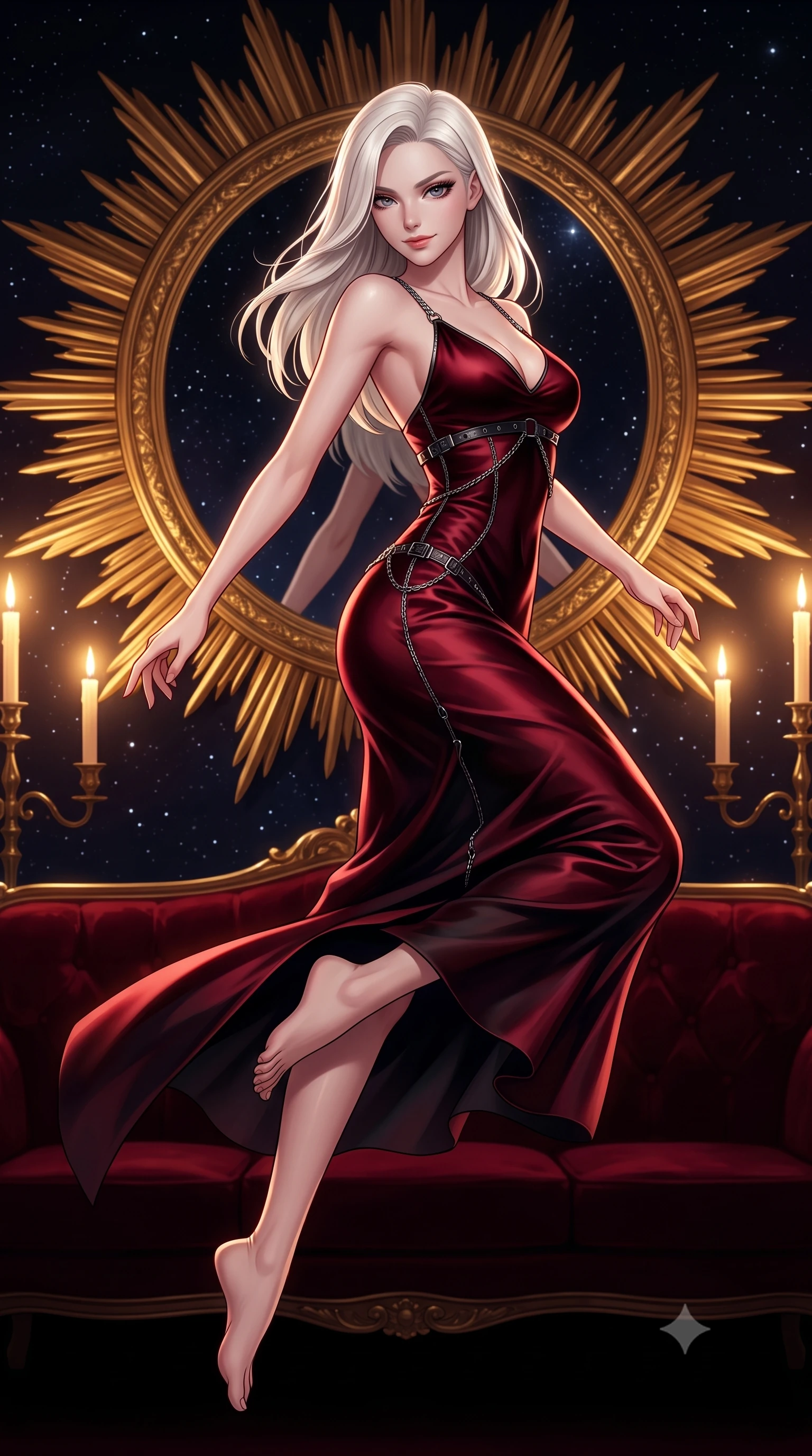 score_9, masterpiece, best quality, ultra-detailed, high-budget anime keyframe, editorial fashion photography, tasteful artistic composition, Caucasian woman. low angle full-body shot from head to toe showing her feet, filling the entire 9:16 vertical frame with her statuesque presence, stretching her vertical silhouette. leaping dynamically through the starry space, her posture full of power and elegance, standing before a giant golden sunburst mirror in a dark crimson velvet suite, magnetic, smoldering half-smile as she glances sidelong into the camera. She has an absolutely perfect, statuesque 8.5-heads proportion, an exceptionally tall and slender model-like female figure with impossibly long slender legs and an ultra-slim waist. sharp v-shaped jawline, high-bridge nose, intricate jewel-like eyes with depth, thick eyelashes, glossy lips with a natural sheen. wearing form-contouring dark crimson liquid silk long slip dress in pitch-black onyx, made of soft crimson satin, framed by dark titanium buckles and silver chain details, contouring every curve with an exceptionally elegant silhouette. illuminated by warm golden candle rays and high-contrast dark velvet shadows. highly saturated vibrant anime colors, detailed shading with soft gradients, rich glossy textures, high-contrast stereoscopic depth, volumetric dynamic lighting, master piece, 9:16 ratio