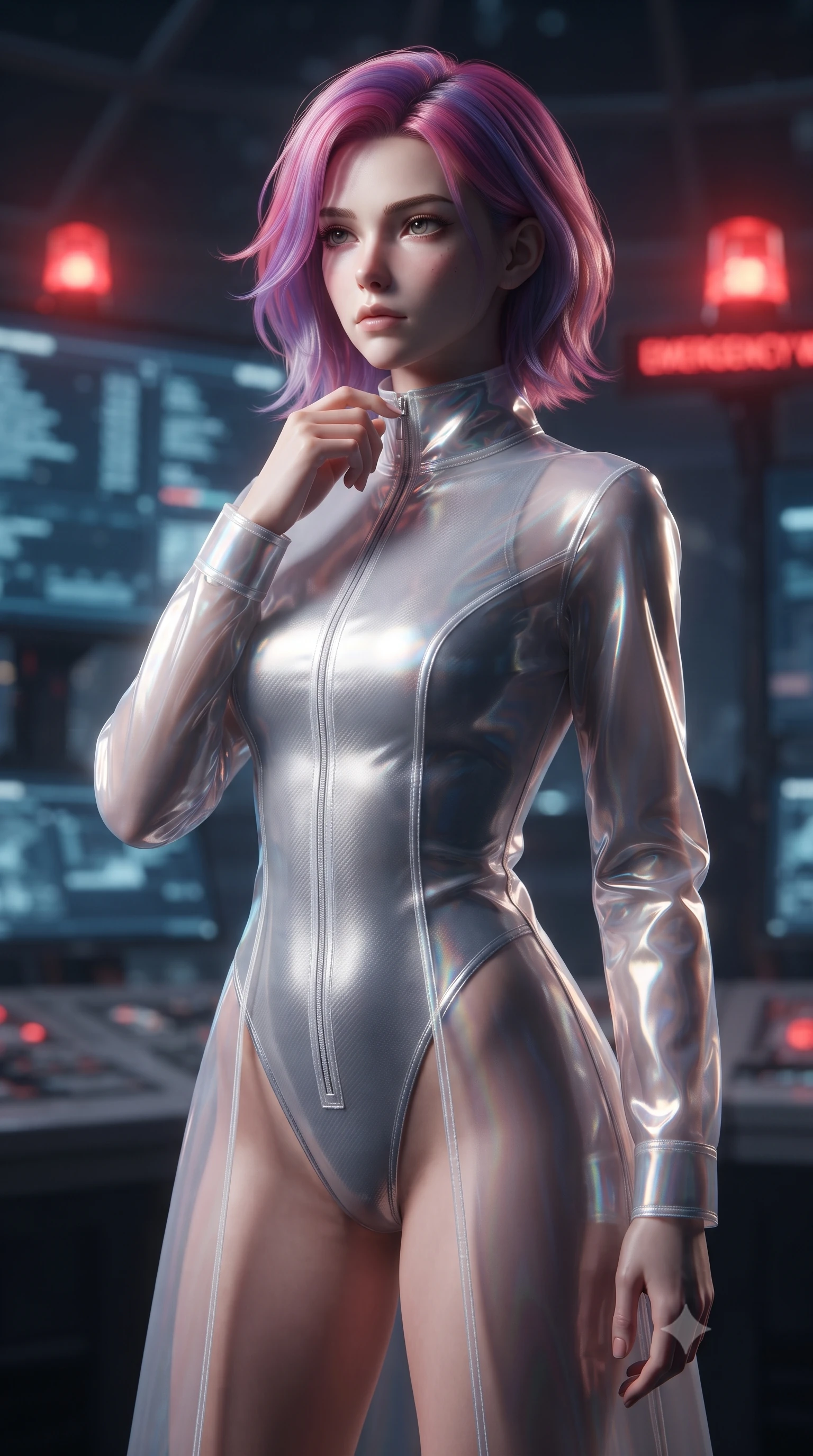 score_9, masterpiece, best quality, ultra-detailed, high-budget anime keyframe, editorial fashion photography, tasteful artistic composition, Caucasian woman. close-up cowboy shot from the waist and thighs up, the character dominates the composition, filling the frame with her large presence, background elements kept in soft focus. adjusting the high collar of her body-hugging suit, looking past the camera with quiet, sharp focus and a composed expression, the background shows a soft-focus a citadel control dome with warning screens and warning lights at night. She has an exceptionally elegant, slender, and willowy female figure with an ultra-slim waist, a gracefully sculpted slender torso, and a refined silhouette. sharp v-shaped jawline, high-bridge nose, intricate jewel-like eyes with depth, thick eyelashes, glossy lips with a natural sheen. wearing a tailored sheer white holographic organza combat gown worn over a high-cut carbon-fiber leotard. pulsing red emergency warning beacons casting high-contrast dramatic shadows. ultra-reflective glossy finish, specular highlights, metallic sheen, high-contrast stereoscopic depth, volumetric dynamic lighting, 2k, ultra detail, master piece, 9:16 ratio