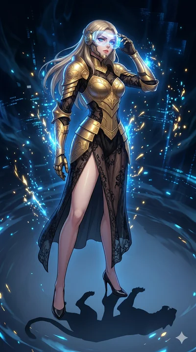 score_9, masterpiece, best quality, ultra-detailed, Set A: High-budget Anime Keyframe, Caucasian (strictly human ears) woman. Low angle cowboy shot filling the entire 9:16 frame with her statuesque presence. Adjusting a mask through a virtual reality