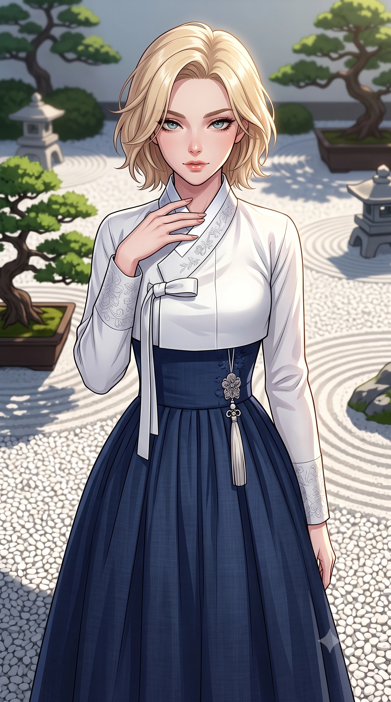 score_9, masterpiece, best quality, ultra-detailed, high-budget anime keyframe, tasteful artistic composition, Caucasian woman. close-up cowboy shot from the waist and thighs up, the character dominates the composition, filling the frame with her large presence, background elements kept in soft focus. standing with one hand resting on her collarbone, looking at the viewer with bedroom-eyes the background shows a soft-focus a private garden bonsai deck with white gravel and raked sand. She has an exceptionally elegant, slender, and willowy female figure with an ultra-slim waist, a gracefully sculpted slender torso, and a refined silhouette. sharp v-shaped jawline, high-bridge nose, intricate jewel-like eyes with depth, thick eyelashes, glossy lips with a natural sheen. wearing a slim-fit modern fusion hanbok dress with a navy blue linen skirt and a high-neck white silk jeogori wrapper. crisp morning sunlight casting sharp, clean shadows across the gravel. highly saturated vibrant anime colors, cel-shading, 2d style, master piece, 9:16 ratio