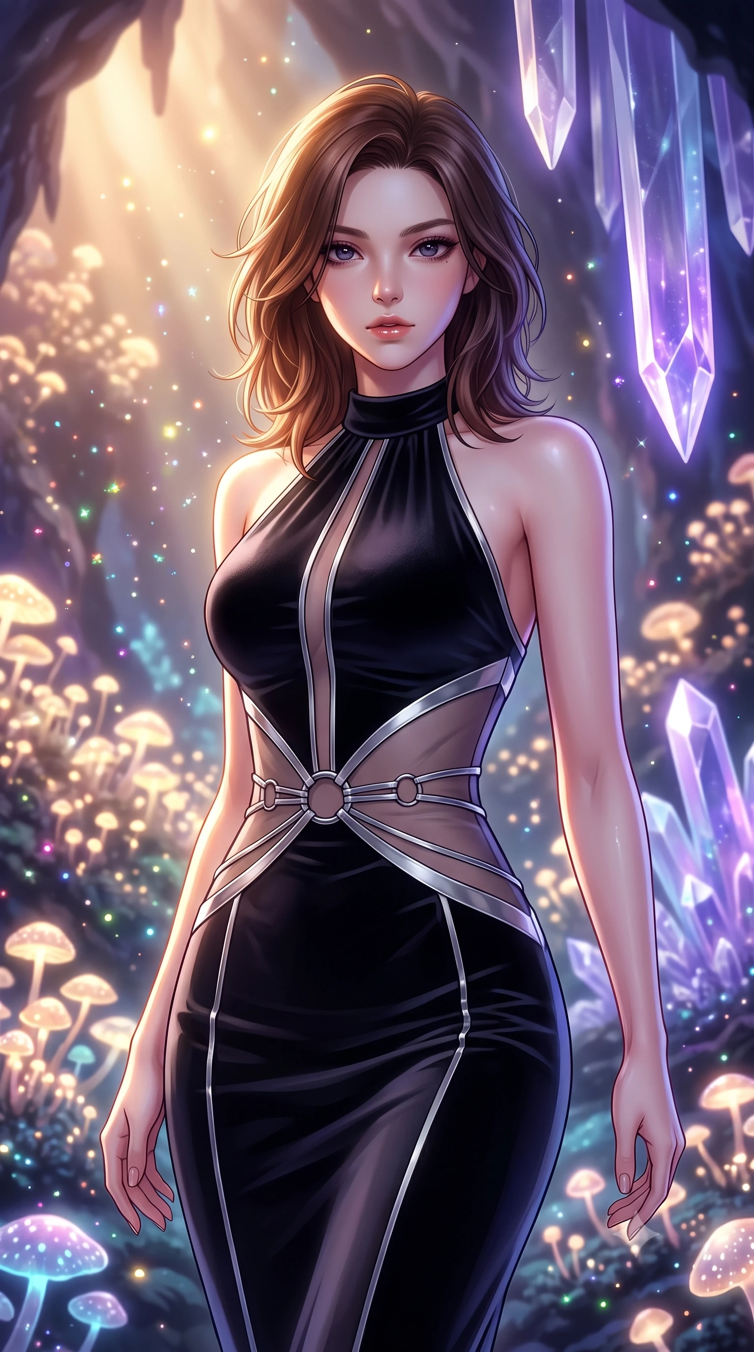 score_9, masterpiece, best quality, ultra-detailed, high-budget anime keyframe, editorial fashion photography, tasteful artistic composition, Korean woman. close-up cowboy shot from the waist and thighs up, the character dominates the composition, filling the frame with her large presence, background elements kept in soft focus. Leaning slightly forward with a composed, seductive gaze under soft glowing light navigating a cavern filled with bioluminescent fungi and crystalline stalactites, glowing mineral dust shimmering like stars in the quiet cavern air. She has an exceptionally elegant, slender, and willowy female figure with an ultra-slim waist, a gracefully sculpted slender torso, and a refined silhouette. sharp v-shaped jawline, high-bridge nose, intricate jewel-like eyes with depth, thick eyelashes, glossy lips with a natural sheen. wearing a velvet halter-neck midi dress following her form like a glove in matte black and polished silver, woven from fine semi-opaque sheer organza, accented with delicate chrome ring hardware framing her waist, the form-contouring material highlighting her ultra-slim waist and long lines. lit by warm golden sunlight colliding with cool violet crystal illumination. highly saturated vibrant anime colors, detailed shading with soft gradients, rich glossy textures, high-contrast stereoscopic depth, volumetric dynamic lighting, master piece, 9:16 ratio
