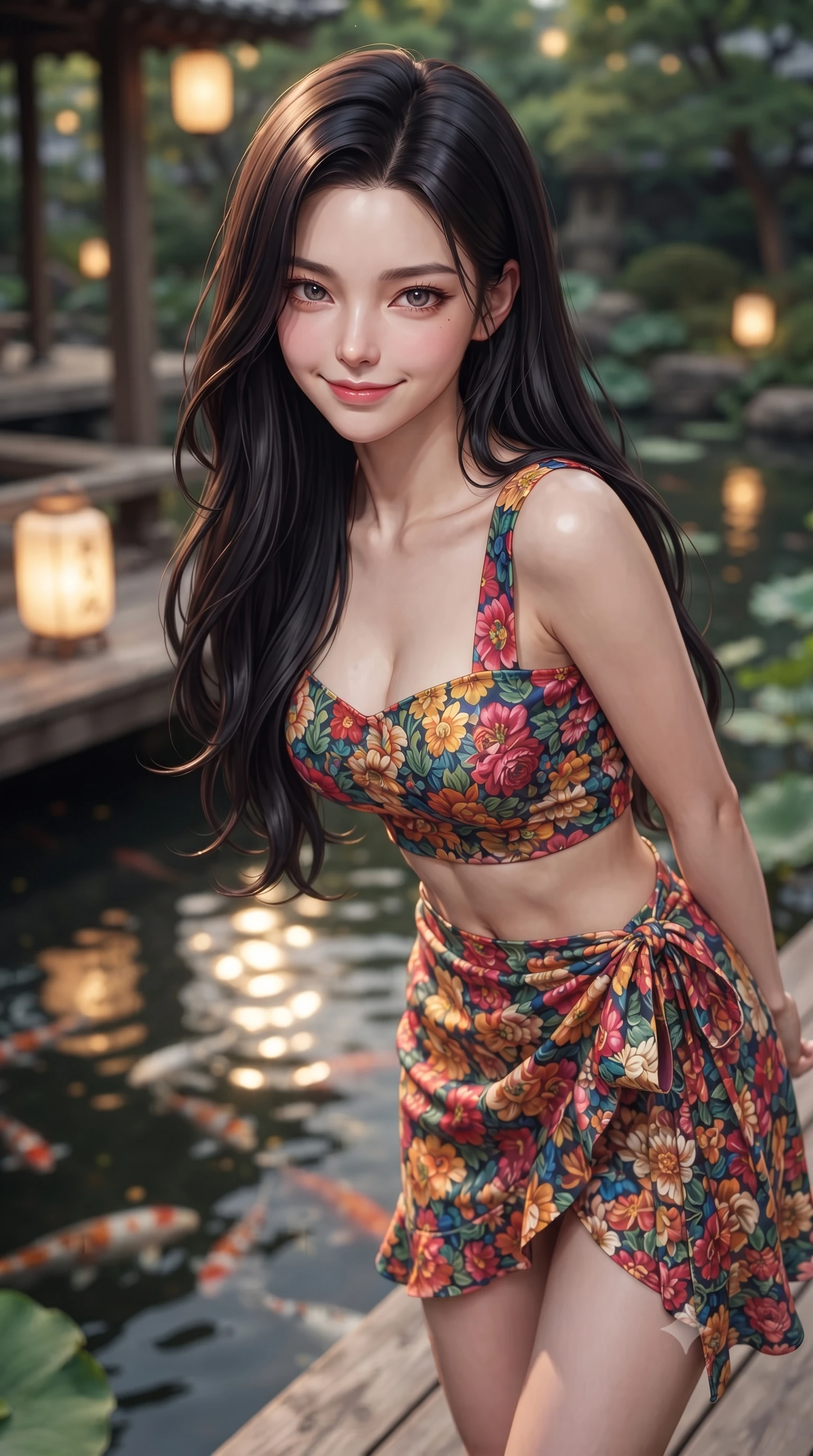 score_9, masterpiece, best quality, ultra-detailed, high-budget anime keyframe, editorial fashion photography, tasteful artistic composition, Korean woman. close-up cowboy shot from the waist and thighs up, the character dominates the composition, filling the frame with her large presence, background elements kept in soft focus. leaning slightly forward with a playful, teasing smile, her gaze locked onto the viewer the background shows a soft-focus a quiet garden tea deck overlooking a lotus pond with koi fish swimming below. She has an exceptionally elegant, slender, and willowy female figure with an ultra-slim waist, a gracefully sculpted slender torso, and a refined silhouette. sharp v-shaped jawline, high-bridge nose, intricate jewel-like eyes with depth, thick eyelashes, glossy lips with a natural sheen. wearing a slim-fit summer vacation crop top and wrap skirt set in floral print cotton, showing her slim waist. warm paper lantern light reflecting off the still water surface. highly saturated vibrant anime colors, detailed shading with soft gradients, rich glossy textures, high-contrast stereoscopic depth, volumetric dynamic lighting, master piece, 9:16 ratio