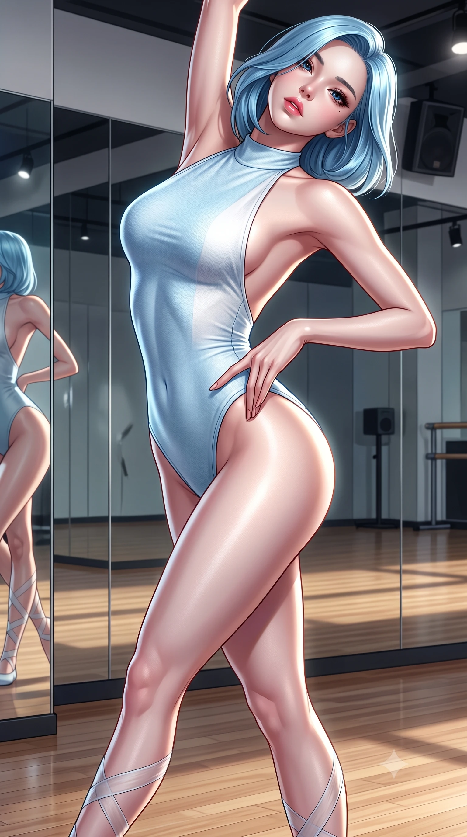 score_9, masterpiece, best quality, ultra-detailed, high-budget anime keyframe, semi-realistic 3D game render, editorial fashion photography, tasteful artistic composition, Korean woman. close-up cowboy shot from the waist and thighs up, the character dominates the composition, filling the frame with her large presence. arching her spine backward with effortless dancer poise, one hand sliding along her hip line as directional light carves specular highlights along her silhouette while executing an elegant mid-motion arabesque turn before the mirrors, the tight fabric sculpting her feminine hip contour with statuesque precision. The surrounding environment is rendered in vivid detail and crisp panoramic clarity. high-contrast sculptural dance chiaroscuro and contemporary athletic aesthetics captured with precision. She has an exceptionally elegant, slender, and willowy female figure with an ultra-slim waist, a gracefully sculpted slender torso, toned flat midriff, and rounded feminine hips creating an alluring hourglass silhouette. sharp v-shaped jawline, high-bridge nose, intricate jewel-like eyes with depth, thick eyelashes, glossy parted lips with a natural sheen, intensely captivating and seductive bedroom-eyes expression, flawlessly proportioned anatomical accuracy, strict slender model proportions, natural body alignment, perfectly sculpted long slender limbs, ultra-slim waistline, clean dynamic posture without body distortion. wearing a form-contouring halter dance leotard with an open scooped back and high-cut leg openings in icy powder blue and pearl white, made of seamless compression knit with anatomical body-contouring support, accented with sheer stirrup wrap ribbons along her long slender legs, the form-contouring material adhering flawlessly to her sculpted flat midriff and slender torso, emphasizing her long leg lines and perfectly proportioned willowy build. surrounded by a disciplined, sensual, and exquisitely graceful haute-couture dancer aura. highly saturated vibrant anime colors, detailed shading with soft gradients, rich glossy textures, high-contrast stereoscopic depth, volumetric dynamic lighting, master piece, 9:16 ratio