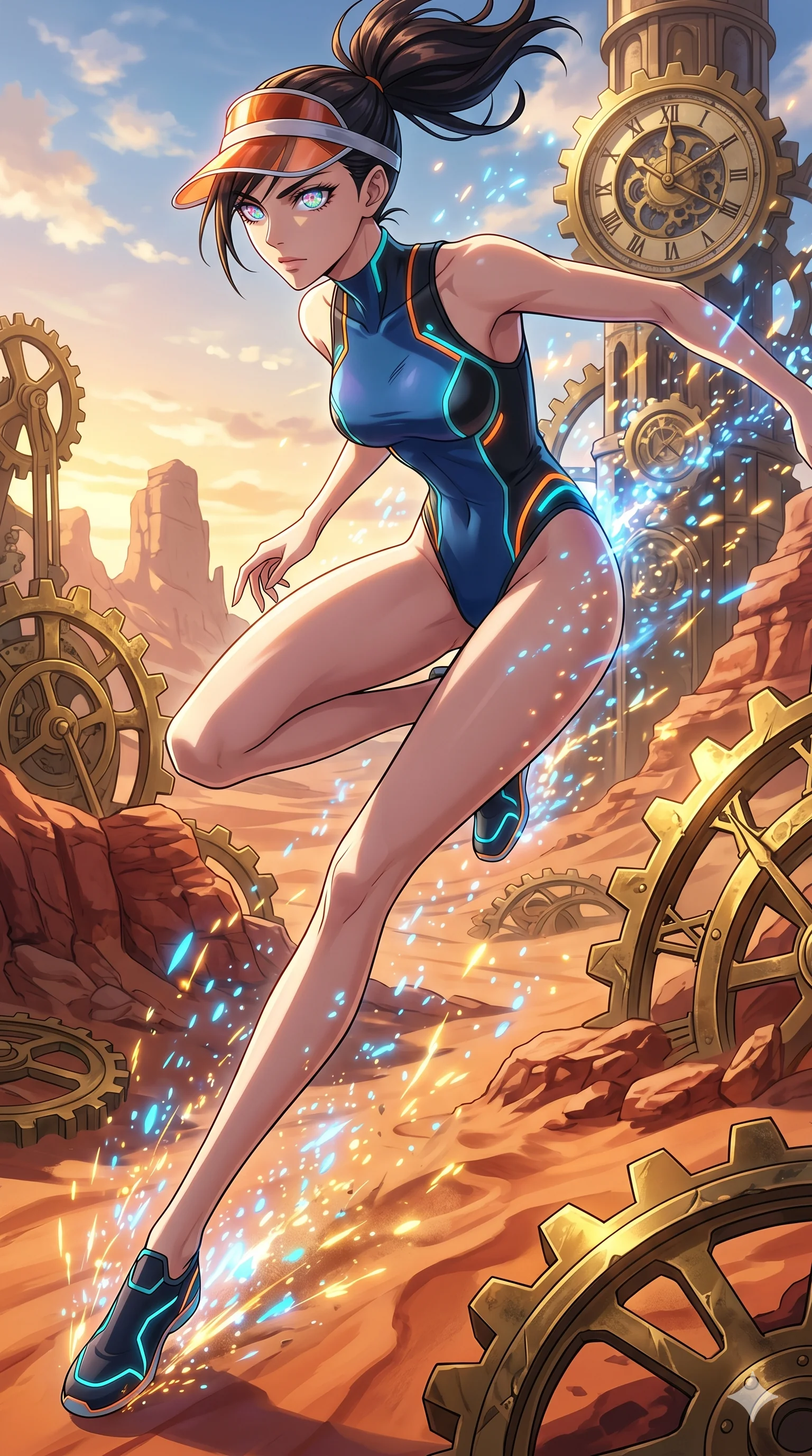 score_9, masterpiece, best quality, ultra-detailed, Set A: High-budget Anime Keyframe, Japanese woman. Low angle cowboy shot filling the entire 9:16 frame with her statuesque presence. Leaping through a clockwork desert, while her eyes glow with 240 different colors and surrounded by glowing energy sparks. She has an absolutely perfect 8-heads proportion, an exceptionally tall and slender female figure with impossibly long slender legs and an ultra-slim waist. Sharp v-shaped jawline, high-bridge nose, intricate jewel-like eyes with depth, thick eyelashes, glossy lips with a natural sheen. Wearing High-cut athletic leotard with glowing trim and a translucent visor accessory. Cinematic lighting, vibrant colors, dramatic shadows, 2k, ultra detail, master piece, 9:16 ratio
