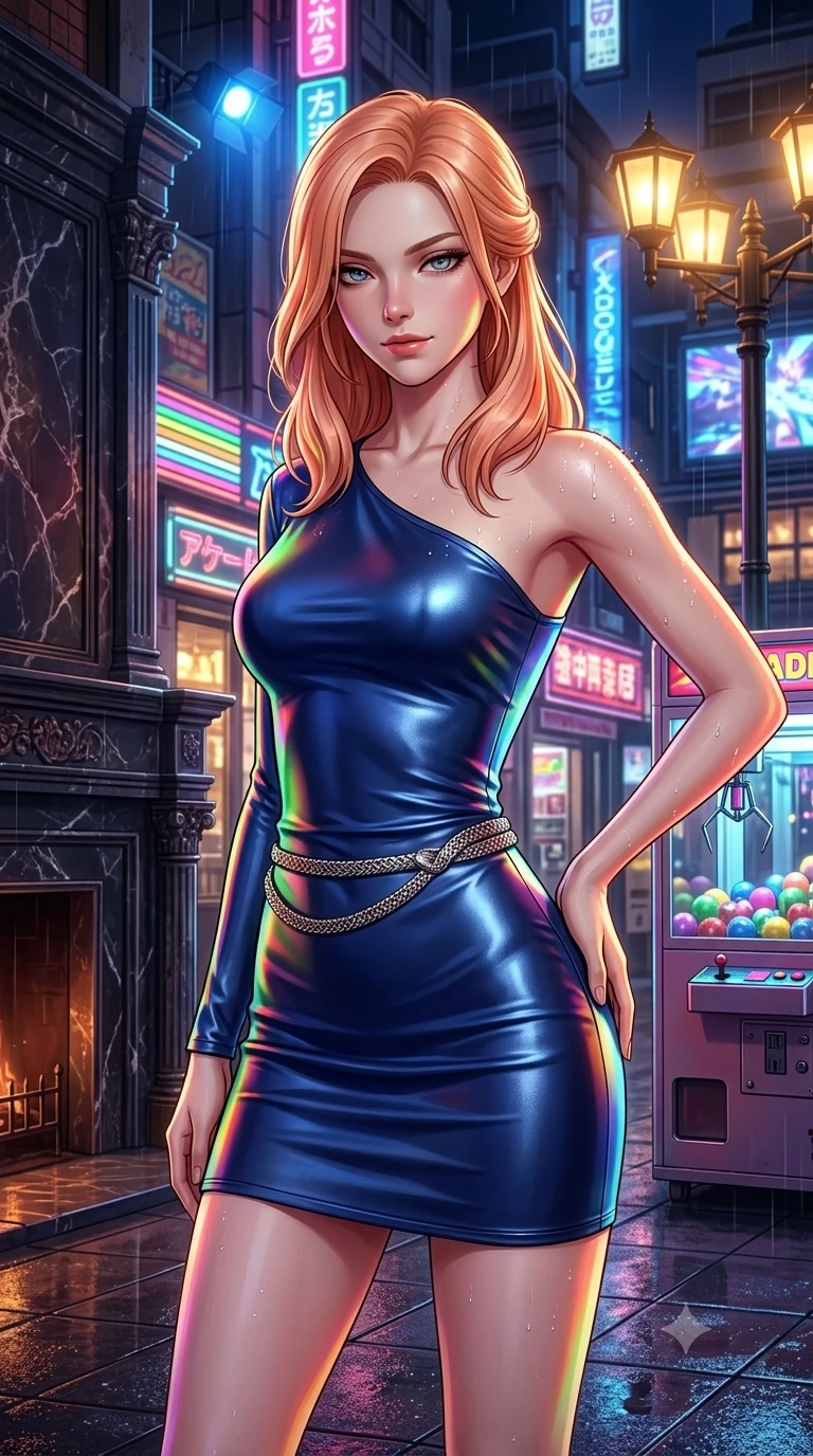 score_9, masterpiece, best quality, ultra-detailed, high-budget anime keyframe, semi-realistic 3D game render, editorial fashion photography, tasteful artistic composition, Japanese woman. close-up cowboy shot from the waist and thighs up, the character dominates the composition, filling the frame with her large presence. standing poised beside a towering marble fireplace with hips cocked back, casting an alluring, sovereign gaze toward the viewer while twisting her slender torso in an alluring S-curve beside the retro crane machine vitrine, colorful game lights dancing across her curves. The surrounding environment is rendered in vivid detail and crisp panoramic clarity: detailed liquid vinyl mini dress cling, snake chain belt, and electronic district textures in razor-sharp precision. She has an exceptionally elegant, slender, and willowy female figure with an ultra-slim waist, flat toned midriff, narrow ribcage, and sculpted feminine hips creating an alluring, slim hourglass silhouette without bulk. sharp v-shaped jawline, high-bridge nose, intricate jewel-like dark sparkling eyes with dangerous depth, thick curled eyelashes, glossy parted lips with a rich wine sheen, smoldering seductive half-smile with bedroom-eyes, exuding effortless superiority and intoxicating dark allure, flawlessly proportioned anatomical accuracy, strict slender model proportions, natural body alignment, perfectly sculpted long slender limbs, ultra-slim waistline, clean dynamic posture without body distortion. wearing an asymmetric one-shoulder liquid mercury metallic mini dress hugging her narrow waist and curvy hips in cobalt blue floodlights and warm golden promenade streetlights, made of supple butter-soft lambskin leather with a subtle satin sheen, finished with glistening rain droplets beading across her sculpted shoulders and flat midriff, the glove-like silhouette tightly following the natural contour of her hips and long slender legs with youthful 8.5-heads elegance. bathed in ultra-saturated rainbow neon glow from illuminated signboards and video screens. highly saturated vibrant anime colors, detailed shading with soft gradients, rich glossy textures, high-contrast stereoscopic depth, volumetric dynamic lighting, master piece, 9:16 ratio