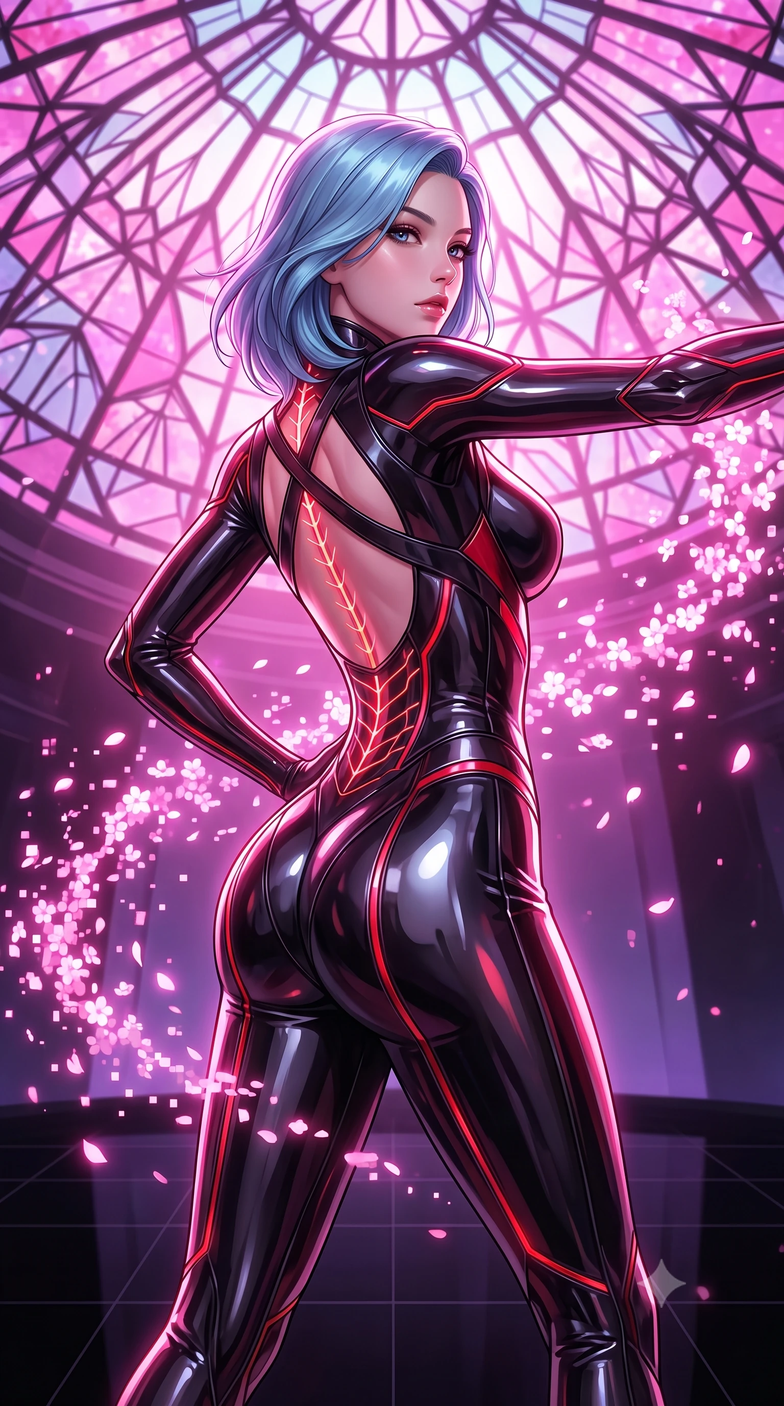 score_9, masterpiece, best quality, ultra-detailed, high-budget anime keyframe, semi-realistic 3D game render, editorial fashion photography, tasteful artistic composition, Korean woman. close-up cowboy shot from the waist and thighs up, the character dominates the composition, filling the frame with her large presence. stretching forward with an alluring arch of her spine, glancing over her shoulder with divine self-assurance and magnetic intensity while striding gracefully beneath a soaring geometric cybernetic stained-glass dome as glowing pink digital sakura petals swirl around her. The surrounding environment is rendered in vivid detail and crisp panoramic clarity. razor-sharp cybernetic stained-glass lead lines, distinct digital sakura petal pixels, and black glass floor in deep focus. She has an exceptionally elegant, slender, and willowy female figure with an ultra-slim waist, a gracefully sculpted slender torso, toned flat midriff, and a refined slim silhouette. sharp v-shaped jawline, high-bridge nose, intricate jewel-like eyes with depth, thick eyelashes, glossy lips with a natural sheen, flawlessly proportioned anatomical accuracy, strict slender model proportions, natural body alignment, perfectly sculpted long slender limbs, ultra-slim waistline, clean dynamic posture without body distortion. wearing an ultra-sleek aerodynamic tech-jumpsuit sculpted tightly to her figure, accented with glowing fiber-optic spine lines in high-gloss obsidian black and burning laser crimson accents, crafted from ultra-reflective second-skin liquid metal with a mirror-like polish, complemented by criss-cross back straps highlighting her completely bare spine, the liquid-tight tailored fabric emphasizing every curve of her tall, slender model proportions and sculptured silhouette during dynamic movement. bathed in luminous magenta and rose-pink digital sakura backlighting with soft violet fill. rich saturated anime colors with glowing neon highlights, detailed shading with soft gradients, rich glossy textures, high-contrast stereoscopic depth, volumetric dynamic lighting, master piece, 9:16 ratio