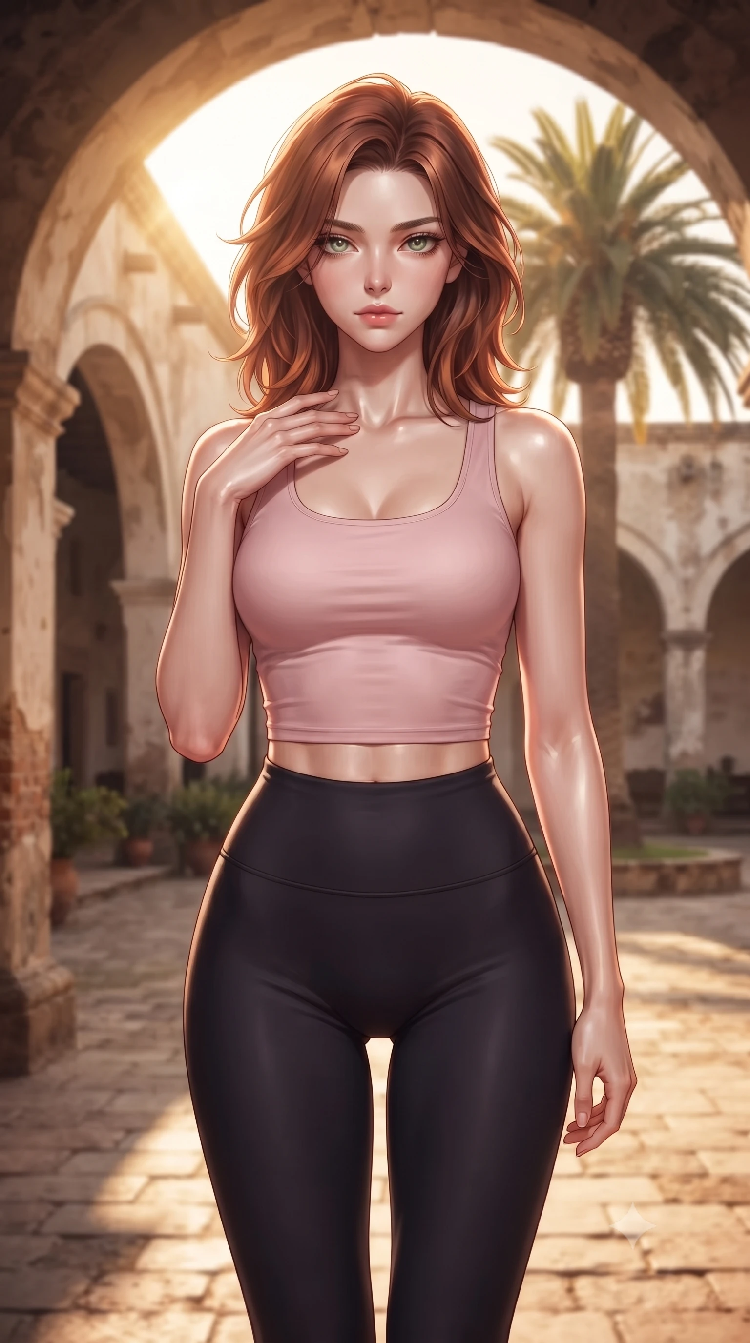 score_9, masterpiece, best quality, ultra-detailed, high-budget anime keyframe, editorial fashion photography, tasteful artistic composition, Korean woman woman. close-up cowboy shot from the waist and thighs up, the character dominates the composition, filling the frame with her large presence, background elements kept in soft focus. standing with one hand resting on her collarbone, looking at the viewer with bedroom-eyes the background shows a soft-focus a courtyard of an old Spanish hacienda with a large arched corridor and central palm tree. She has an exceptionally elegant, slender, and willowy female figure with an ultra-slim waist, a gracefully sculpted slender torso, and a refined silhouette. sharp v-shaped jawline, high-bridge nose, intricate jewel-like eyes with depth, thick eyelashes, glossy lips with a natural sheen. wearing a slim-fit body-hugging light pink crop tank top paired with high-waisted tight-fitting leggings. warm afternoon sunbeams creating a peaceful, historical atmosphere. ultra-reflective glossy finish, specular highlights, metallic sheen, high-contrast stereoscopic depth, volumetric dynamic lighting, 2k, ultra detail, master piece, 9:16 ratio