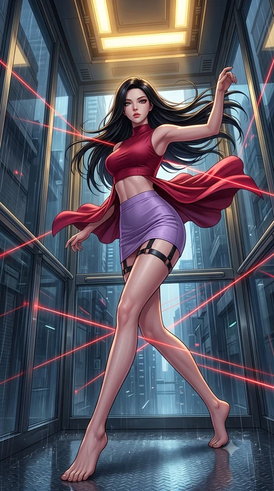 score_9, masterpiece, best quality, ultra-detailed, high-budget anime keyframe, editorial fashion photography, tasteful artistic composition, Korean woman. low angle full-body shot from head to toe showing her feet, filling the entire 9:16 vertical f