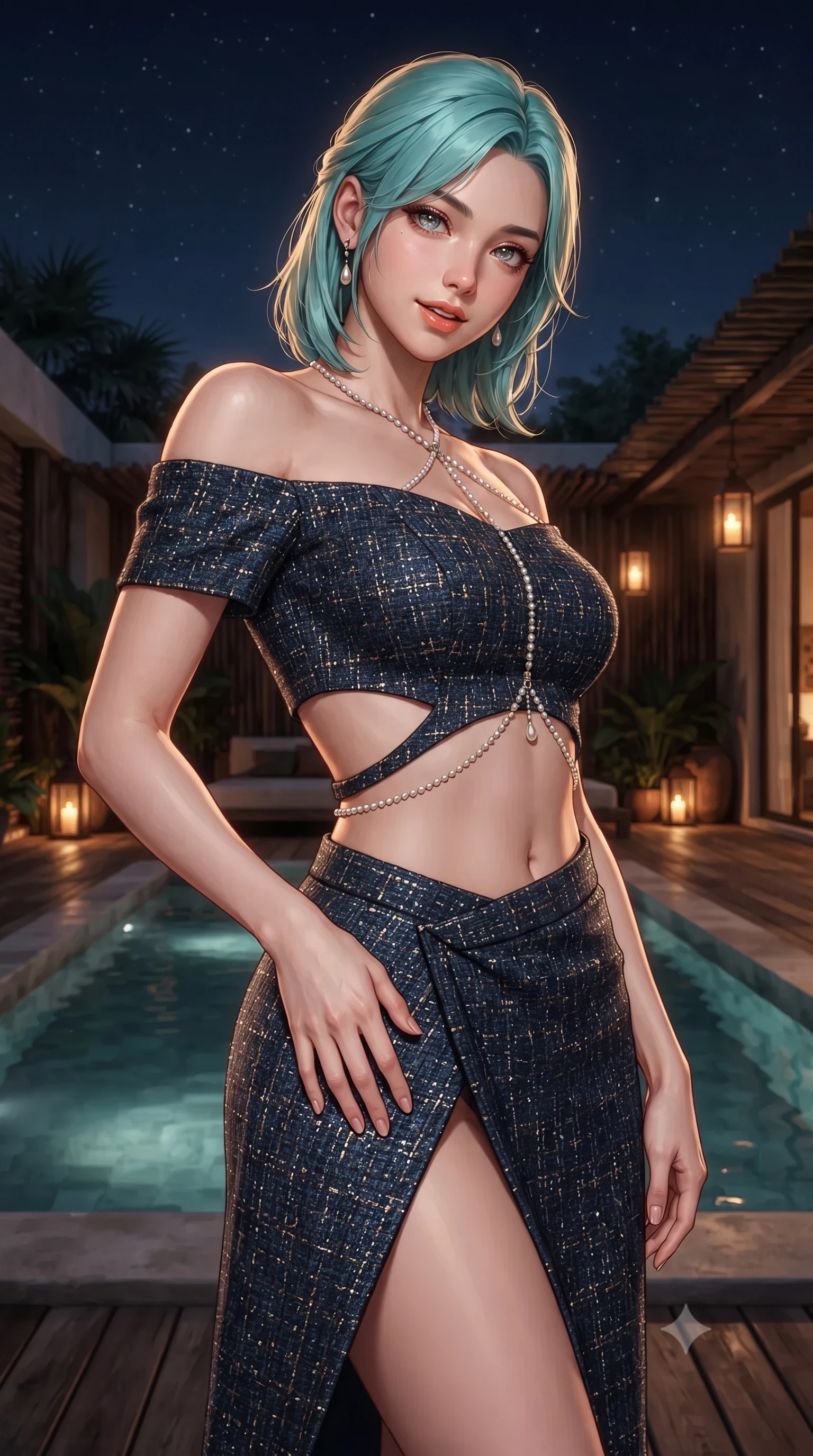 score_9, masterpiece, best quality, ultra-detailed, high-budget anime keyframe, editorial fashion photography, tasteful artistic composition, Japanese woman. close-up cowboy shot from the waist and thighs up, the character dominates the composition, filling the frame with her large presence. tilting her head with a teasing half-smile, running one hand slowly down the side of her hip in a flirtatious S-curve as ambient light caresses her silhouette while twisting her slender torso in an alluring S-curve beside the plunge pool, warm lantern light and starlight tracing her flat midriff and curves. The surrounding environment is rendered in vivid detail and crisp panoramic clarity: detailed outfit texture, delicate trims, and sustainable avant-garde Tulum architecture in high resolution. She has an exceptionally elegant, slender, and willowy female figure with an ultra-slim waist, flat toned midriff, narrow ribcage, and sculpted feminine hips creating an alluring, slim hourglass silhouette without bulk. sharp v-shaped jawline, high-bridge nose, intricate jewel-like sparkling eyes with depth, thick eyelashes, glossy parted lips with a natural peach sheen, bright cheerful beaming smile with an enchanting and coquettish sensual glint, exuding both youthful cute charm and seductive allure, flawlessly proportioned anatomical accuracy, strict slender model proportions, natural body alignment, perfectly sculpted long slender limbs, ultra-slim waistline, clean dynamic posture without body distortion. wearing an alluring off-the-shoulder crop top with asymmetrical side-torso cutouts and a high-slit wrap skirt in Lofoten midnight sun golden amber and Arctic deep navy, woven from structured British tweed with subtle metallic flecks, accented with a pearl-drop body harness subtly framing her dewy collarbones and spine, the impeccably tailored cut draping gracefully along her slender figure with aristocratic poise. illuminated by wood deck reflection bounce and sharp amber-gold rim lights defining her dewy collarbones, ultra-slim waist, and curvy hips. ultra-reflective glossy finish, specular highlights, rich textural contrasts, high-contrast stereoscopic depth, volumetric dynamic lighting, 2k, ultra detail, master piece, 9:16 ratio