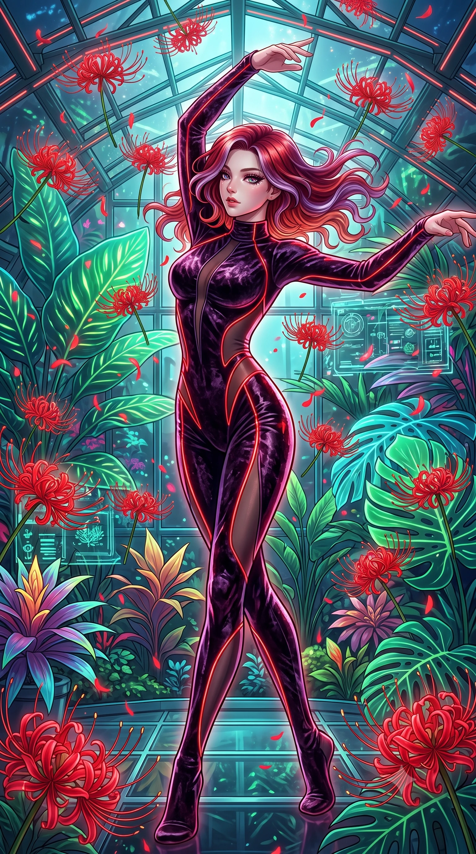 score_9, masterpiece, best quality, ultra-detailed, High-budget Anime Keyframe, Caucasian woman, strictly human ears. Dynamic full-body shot stretching the vertical silhouette to the limit. Scenario 261: dancing amidst falling red spider lilies inside a cybernetic greenhouse filled with giant glowing tropical leaves. Her presence is magnetic and overpowering in this high-budget anime scene. Outfit 261: a form-contouring crushed dark velvet second with a sheer panels and glowing LED seams. The clothing is designed to emphasize her exceptionally tall and slender 8-heads proportion. 8-heads proportion, towering silhouette, ultra-slim waist. sharp v-shaped jawline, intricate jewel-like eyes with depth, thick eyelashes, glossy lips. 2k, ultra detail, master piece, 9:16 ratio