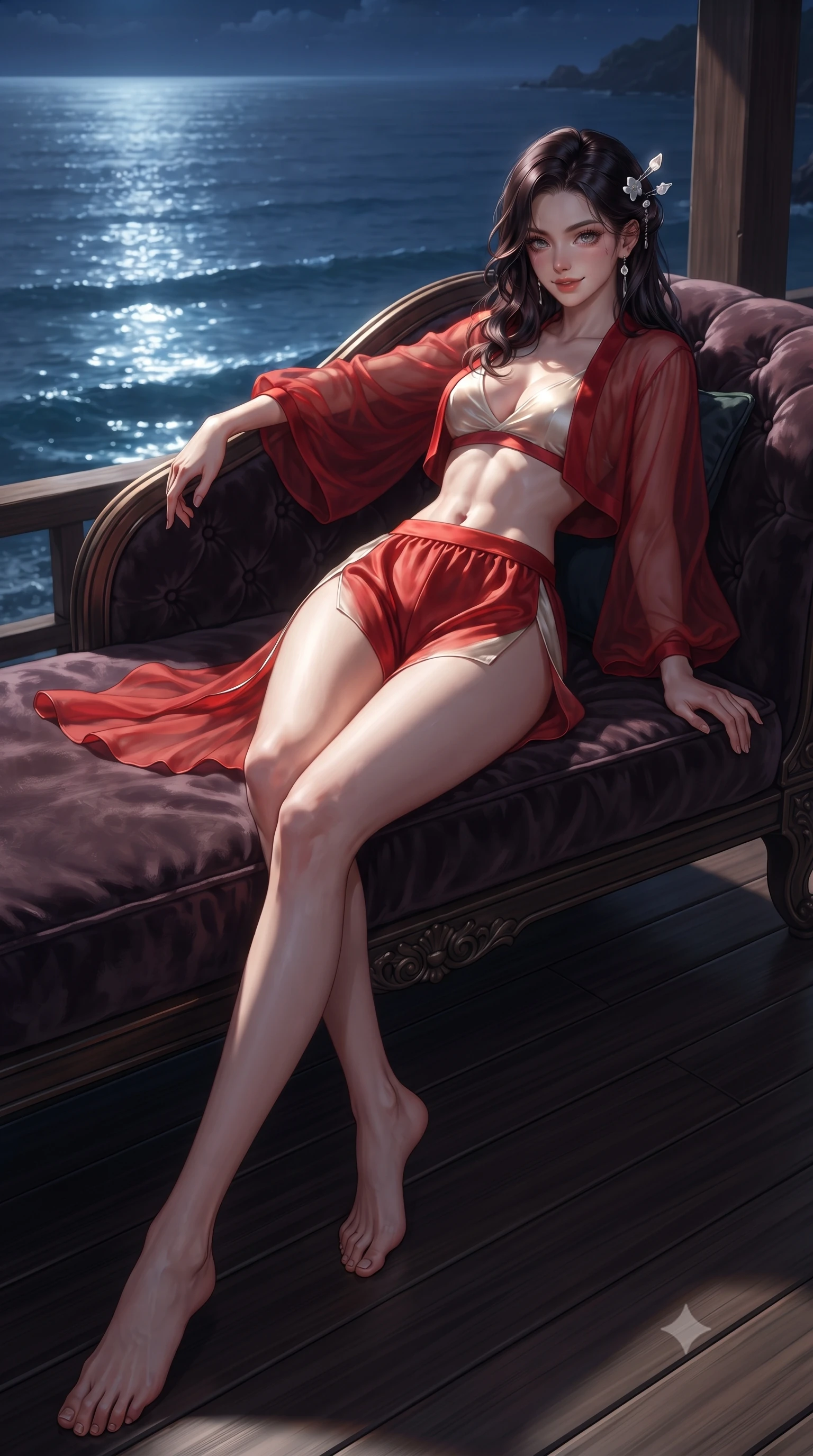 score_9, masterpiece, best quality, ultra-detailed, high-budget anime keyframe, editorial fashion photography, tasteful artistic composition, Caucasian woman. low angle full-body shot from head to toe showing her feet, filling the entire 9:16 vertical frame with her statuesque presence, stretching her vertical silhouette. reclining gracefully across the plush chaise lounge with one leg extended, her sculpted silhouette and flat midriff radiating magnetic nocturnal glamour while twisting her slender torso in an alluring contrapposto stance, moonlight carving sharp highlights across her flat midriff and curvy hips. The surrounding environment is rendered in vivid detail and crisp panoramic clarity: detailed silk wrap tailoring, dewy sea air sheen on skin, and cliffside pavilion timber construction in razor-sharp precision. She has an absolutely perfect, statuesque 8.5-heads proportion, an exceptionally tall and slender model-like female figure with impossibly long slender legs, an ultra-slim waist, a flat toned midriff, narrow delicate ribcage, and beautifully sculpted feminine hips creating a graceful, slim hourglass silhouette without any bulky heaviness. sharp v-shaped jawline, high-bridge nose, sparkling eyes with hypnotic seductive depth, thick curled eyelashes, glossy parted lips with a natural dewy peach sheen, alluring bedroom-eyes with an enchanting coquettish smile, exuding magnetic siren charisma and sophisticated glamour, flawlessly proportioned anatomical accuracy, strict slender model proportions, natural body alignment, perfectly sculpted long slender limbs, ultra-slim waistline, clean dynamic posture without body distortion. wearing a modern two-piece royal silk loungewear set featuring an open-front short bolero and form-fitting silk hot-pants in royal vermilion crimson and pale ivory silk, made of sheer gossamer chiffon that drapes softly against skin with airy translucence, finished with delicate mother-of-pearl hairpin ornaments glinting in her dark glossy hair, the high-slit wrap tailoring accentuating her ultra-slim waistline and the enchanting curve of her feminine hips with alluring seductive charm. bathed in brilliant horizontal moonlight sweeping across the ocean surface. ultra-reflective glossy finish, specular highlights, rich textural contrasts, high-contrast stereoscopic depth, volumetric dynamic lighting, 2k, ultra detail, master piece, 9:16 ratio