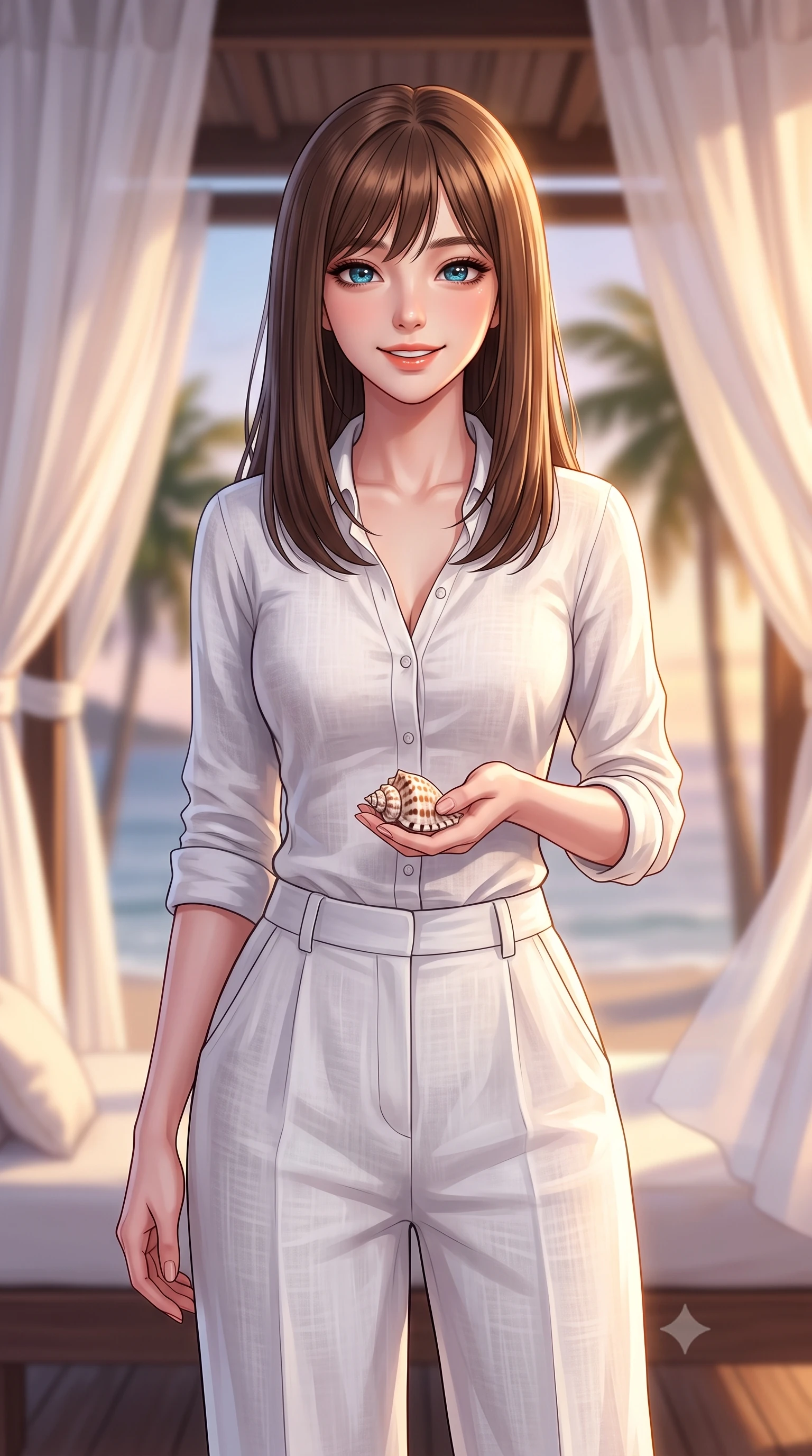 score_9, masterpiece, best quality, ultra-detailed, high-budget anime keyframe, editorial fashion photography, tasteful artistic composition, Korean woman. close-up cowboy shot from the waist and thighs up, the character dominates the composition, filling the frame with her large presence, background elements kept in soft focus. gazing at the camera with a warm, lovely smile and cute, friendly eye contact set against a soft-focus background of at a resort beach cabana with white cotton drapes fluttering in the wind holding a small seashell with a happy, cute expression. She has an exceptionally elegant, slender, and willowy female figure with an ultra-slim waist, a gracefully sculpted slender torso, and a refined silhouette. sharp v-shaped jawline, high-bridge nose, intricate jewel-like eyes with depth, thick eyelashes, glossy lips with a natural sheen. wearing slim-fit casual resort wear linen shirt in white, paired with wide-leg linen pants. warm, golden resort twilight lighting casting a relaxing, luxurious ambiance. highly saturated vibrant anime colors, detailed shading with soft gradients, rich glossy textures, high-contrast stereoscopic depth, volumetric dynamic lighting, master piece, 9:16 ratio