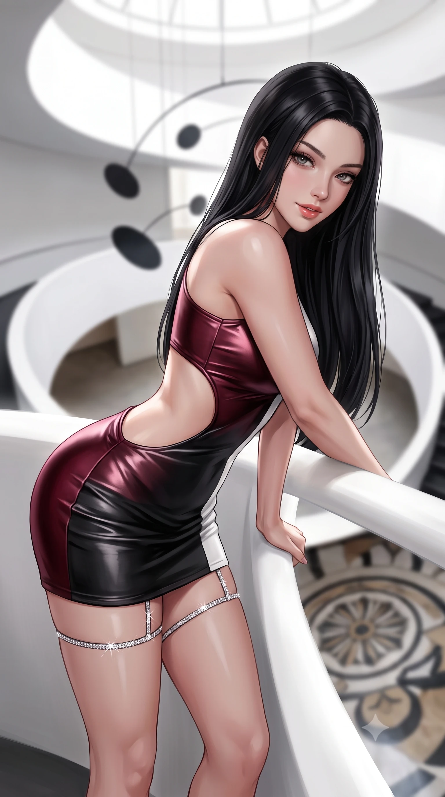 score_9, masterpiece, best quality, ultra-detailed, high-budget anime keyframe, semi-realistic 3D game render, editorial fashion photography, tasteful artistic composition, Korean woman. close-up cowboy shot from the waist and thighs up, the character dominates the composition, filling the frame with her large presence. leaning forward while arching her lower back to accentuate her curvy hips, looking into the camera with an intoxicating smoldering gaze and bedroom-eyes while leaning against the smooth white balustrade with hips cocked back, looking down into the rotunda with an alluring bedroom-smile. The background shows a soft-focus the endless sweeping curves of the white spiral ramp, floating black metal mobile discs, and rotunda floor blurred into pure white, charcoal, and ivory bokeh. She has an exceptionally elegant, slender, and willowy female figure with an ultra-slim waist, flat toned midriff, narrow ribcage, and sculpted feminine hips creating an alluring, slim hourglass silhouette without bulk. sharp v-shaped jawline, high-bridge nose, sparkling eyes with hypnotic seductive depth, thick curled eyelashes, glossy parted lips with a natural dewy peach sheen, alluring bedroom-eyes with an enchanting coquettish smile, exuding magnetic siren charisma and sophisticated glamour, flawlessly proportioned anatomical accuracy, strict slender model proportions, natural body alignment, perfectly sculpted long slender limbs, ultra-slim waistline, clean dynamic posture without body distortion. wearing an asymmetric one-shoulder metallic bordeaux mini dress with a dramatic side cutout hugging her waist and hips in dual-tone high-contrast avant-garde monochrome, woven from buttery-soft stretch lambskin leather adhering to her body like a second skin, finished with delicate crystal-encrusted thigh garter straps glinting under the lights, the form-contouring silhouette accentuating her sculpted flat midriff, narrow delicate ribcage, and gracefully curvy hips with intoxicating allure. bathed in diffused omnidirectional gallery daylight cascading down the central rotunda void. highly saturated vibrant anime colors, detailed shading with soft gradients, rich glossy textures, high-contrast stereoscopic depth, volumetric dynamic lighting, master piece, 9:16 ratio