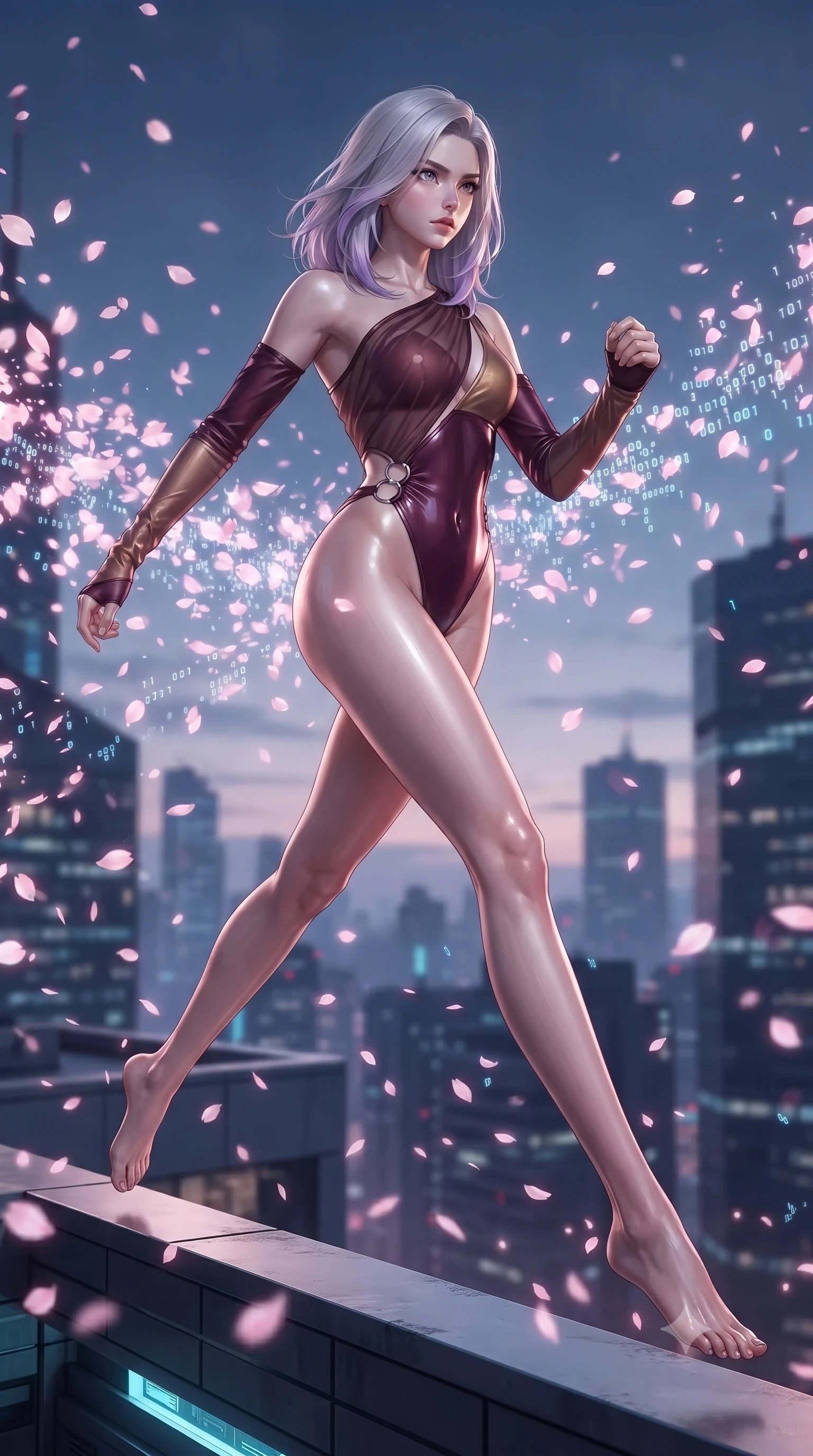 score_9, masterpiece, best quality, ultra-detailed, high-budget anime keyframe, editorial fashion photography, tasteful artistic composition, Caucasian woman. low angle full-body shot from head to toe showing her feet, filling the entire 9:16 vertical frame with her statuesque presence, stretching her vertical silhouette. stepping forward in a proud dynamic stride, her vertical silhouette filling the frame with statuesque presence while leaping across the ledge of a skyscraper rooftop as digital sakura petals blizzard around her, digital sakura petals flickering into binary code sparks as they float by. She has an absolutely perfect, statuesque 8.5-heads proportion, an exceptionally tall and slender model-like female figure with impossibly long slender legs and an ultra-slim waist. sharp v-shaped jawline, high-bridge nose, intricate jewel-like eyes with depth, thick eyelashes, glossy lips with a natural sheen, flawlessly proportioned anatomical accuracy, natural body alignment, perfectly sculpted elegant limbs, clean dynamic posture without body distortion. wearing an asymmetrical high-cut tech-bodysuit with detached sleeves in deep burgundy and bronze, woven from fine semi-opaque sheer organza, accented with delicate chrome ring hardware framing her waist, the elegant draped fit framing her graceful clavicle and slender torso. illuminated by glowing holographic sakura radiance and wet specular reflections. ultra-reflective glossy finish, specular highlights, metallic sheen, high-contrast stereoscopic depth, volumetric dynamic lighting, 2k, ultra detail, master piece, 9:16 ratio