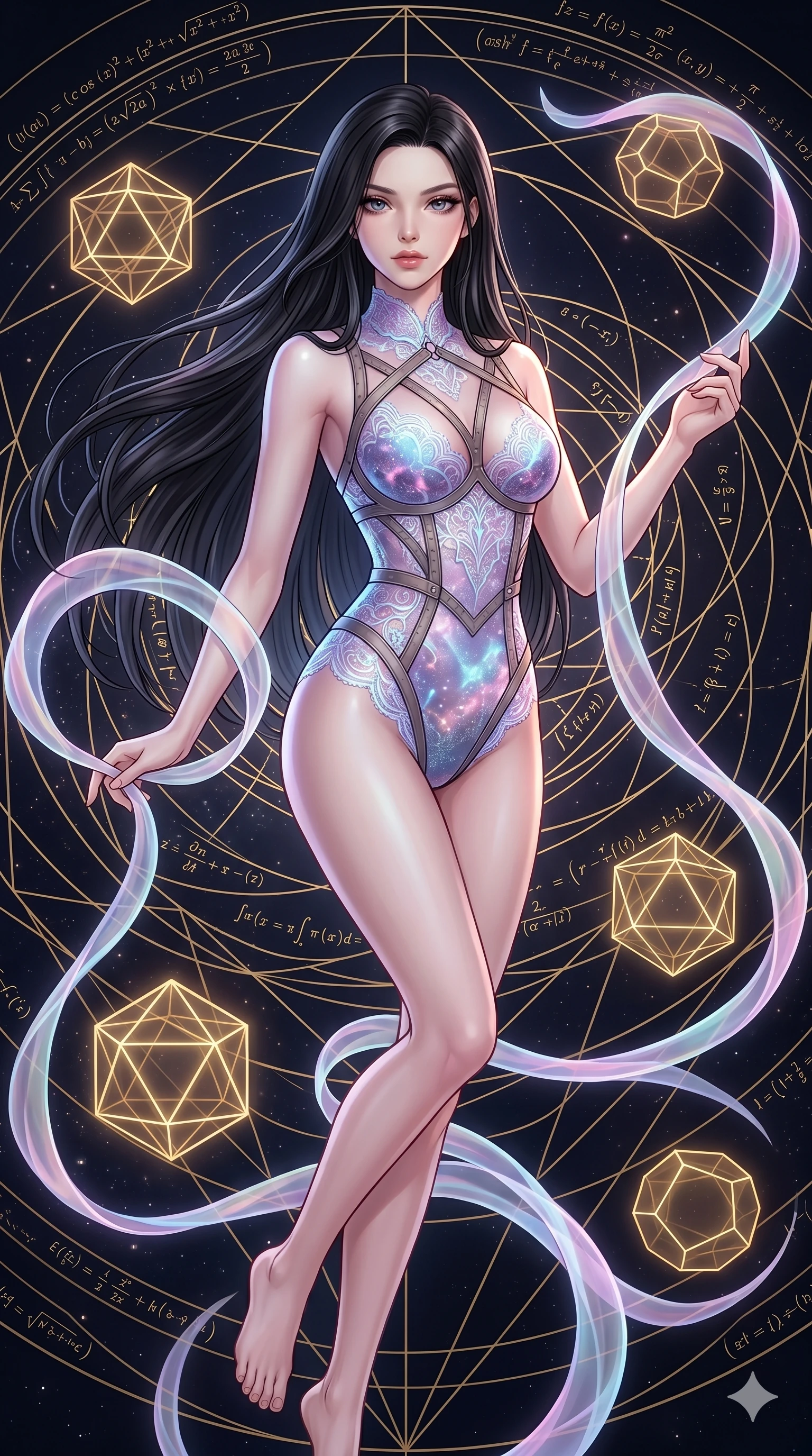 score_9, masterpiece, best quality, ultra-detailed, high-budget anime keyframe, Caucasian woman, strictly human ears. upper body close-up from the thighs up, character filling the screen for maximum presence. floating gracefully in a mathematical mandala void filled with golden geometric lines of complex formulas, holding a translucent ribbon as she glides between floating regular polyhedrons. She has an absolutely perfect 8-heads proportion, an exceptionally tall and slender female figure with impossibly long slender legs and an ultra-slim waist. V-shaped jawline, high-bridge nose, intricate jewel-like eyes with depth, thick eyelashes, glossy lips with a natural sheen.. wearing a gothic nebula lace bodysuit, featuring a semi-opaque sculptural lace bodysuit with cosmic nebula patterns, reinforced by matte leather straps. enhanced by a luminous pastel spectrum glow, casting elegant rim lights on her shoulders and jawline. 2k, ultra detail, master piece, 9:16 ratio