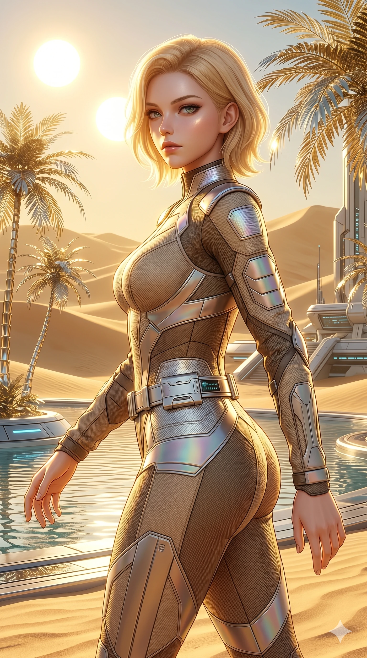 score_9, masterpiece, best quality, ultra-detailed, high-budget anime keyframe, semi-realistic 3D game render, Caucasian woman, strictly human ears. Upper body close-up from the thighs up, character filling the screen for maximum presence. She is walking through a futuristic sand dune oasis under twin suns, with digital glass palms reflecting gold. She turns her upper body with a captivating, mysterious expression. She has an absolutely perfect 8-heads proportion, a tall and elegant figure with a refined silhouette and a defined waistline. V-shaped jawline, high-bridge nose, intricate jewel-like eyes with depth, thick eyelashes, glossy lips with a natural sheen. She is wearing a high-fashion tech-jumpsuit featuring structured panel overlays across the torso and shoulders, accented by a metallic silver utility belt and textured fabric sleeves. The scene is bathed in intense, bright golden desert sun and sharp specular highlights on her smooth skin. 2k, ultra detail, master piece, 9:16 ratio