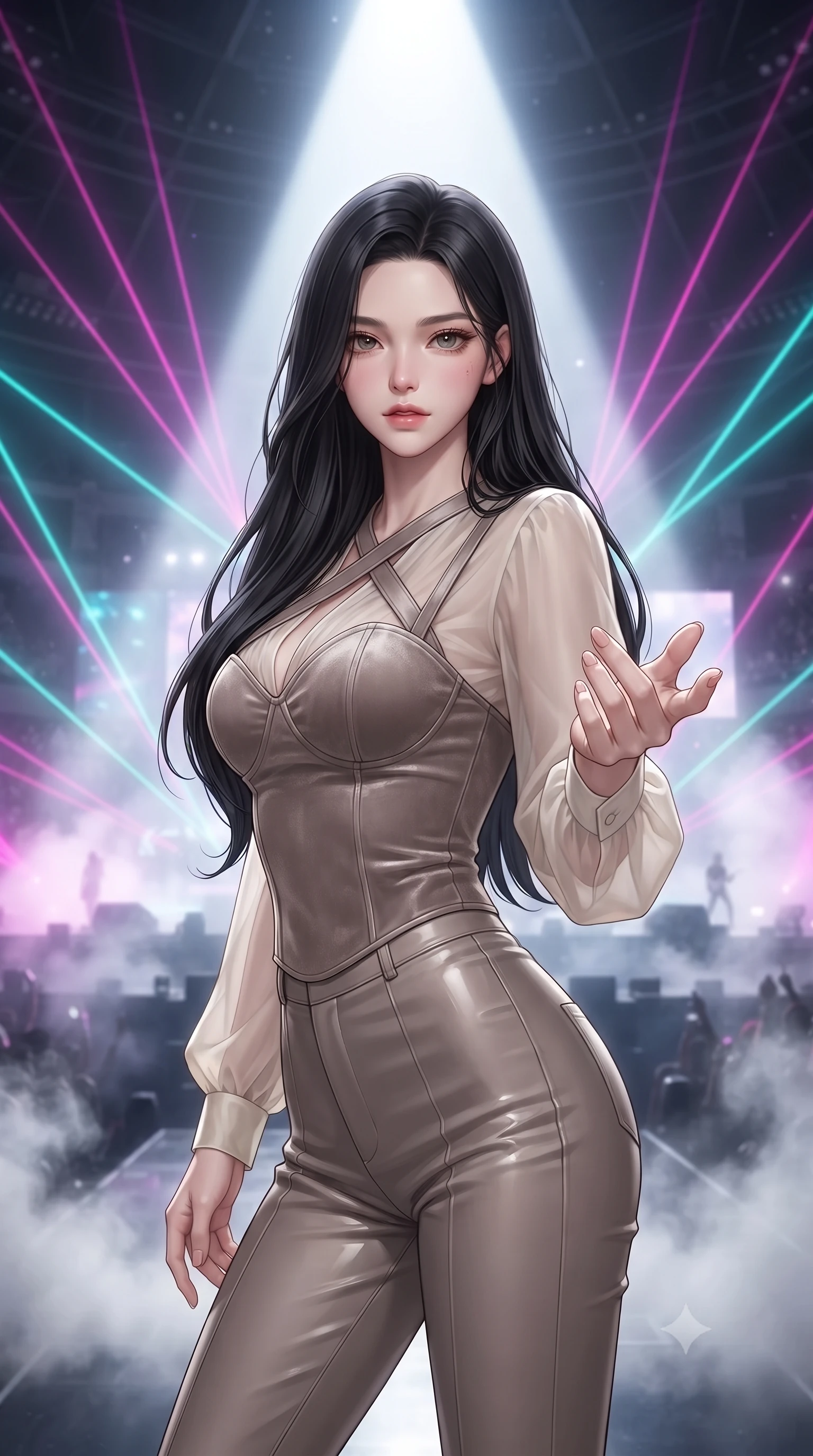 score_9, masterpiece, best quality, ultra-detailed, high-budget anime keyframe, editorial fashion photography, tasteful artistic composition, Korean woman. close-up cowboy shot from the waist and thighs up, the character dominates the composition, filling the frame with her large presence, background elements kept in soft focus. Reaching one hand gracefully toward the viewer with effortless superiority and allure standing in the spotlight on a massive stadium concert stage with background laser beams, intense volumetric laser beams cutting through stage fog in magenta and cyan. She has an exceptionally elegant, slender, and willowy female figure with an ultra-slim waist, a gracefully sculpted slender torso, and a refined silhouette. sharp v-shaped jawline, high-bridge nose, intricate jewel-like eyes with depth, thick eyelashes, glossy lips with a natural sheen. wearing a tailored leather bustier over a sheer silk chiffon blouse in muted taupe and soft ivory, made of premium stretch velvet with a rich sheen, complemented by criss-cross back straps highlighting her bare shoulders, the tailored fabric tightly following every curve of her athletic build. surrounded by an electric, high-energy performer aura. ultra-reflective glossy finish, specular highlights, metallic sheen, high-contrast stereoscopic depth, volumetric dynamic lighting, 2k, ultra detail, master piece, 9:16 ratio