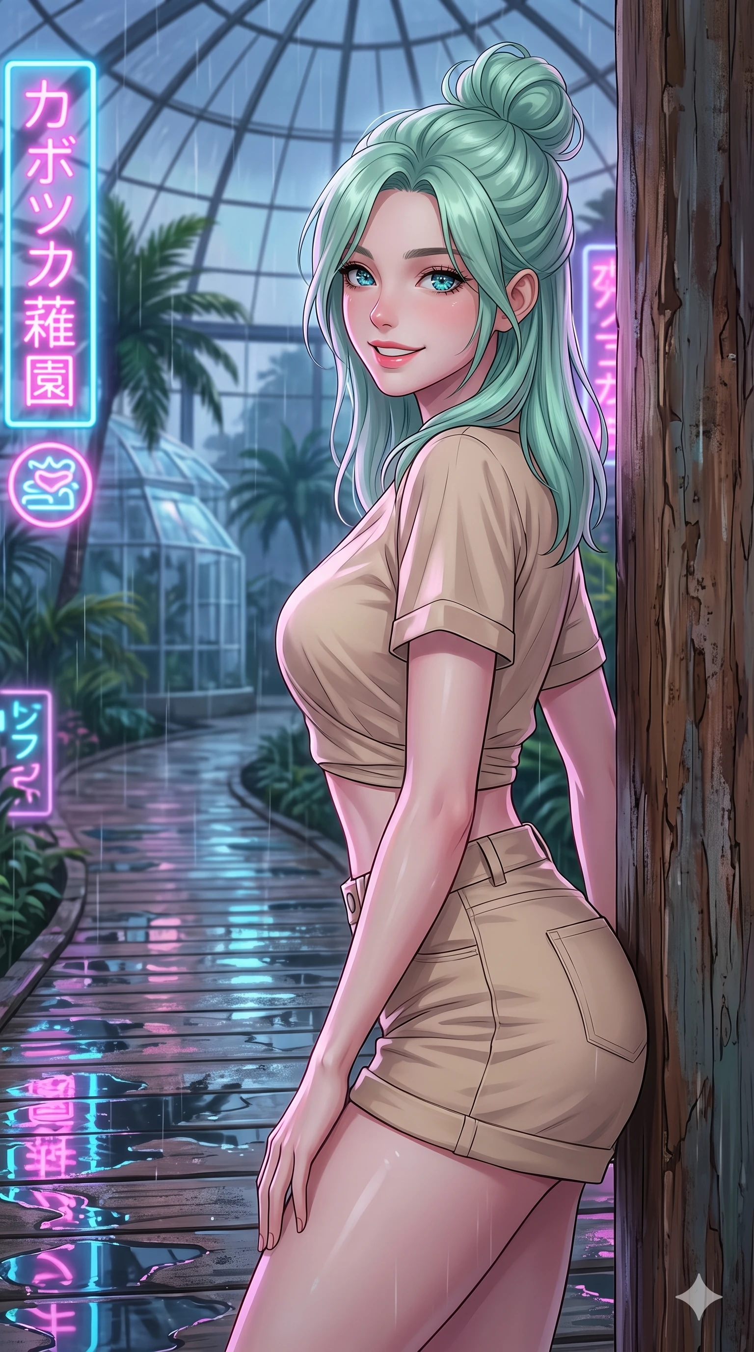 score_9, masterpiece, best quality, ultra-detailed, high-budget anime keyframe, vibrant anime aesthetic, Japanese woman. close-up cowboy shot from the waist and thighs up, the character dominates the composition, filling the frame with her large presence, background elements kept in soft focus. She is looking over her shoulder, smiling cheerfully at the viewer, with a bright, joyful gaze leaning against a rustic wooden column. the background shows a soft-focus wooden boardwalk winding through a botanical garden greenhouse filled with exotic palms, under a glass dome (Code-P22-103). She has an absolutely perfect proportion, an exceptionally elegant and slender female figure with an ultra-slim waist. V-shaped jawline, high-bridge nose, intricate jewel-like eyes with depth, thick eyelashes, glossy lips with a natural sheen. wearing a cropped wrap shirt and high-waisted shorts in soft beige. She is lit by bright neon light reflections in water puddles, creating a glowing twilight aura, casting soft shadows that enhance her features during the twilight rain. 2k, ultra detail, master piece, 9:16 ratio