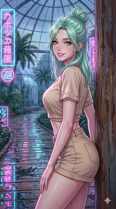 score_9, masterpiece, best quality, ultra-detailed, high-budget anime keyframe, vibrant anime aesthetic, Japanese woman. close-up cowboy shot from the waist and thighs up, the character dominates the composition, filling the frame with her large pres