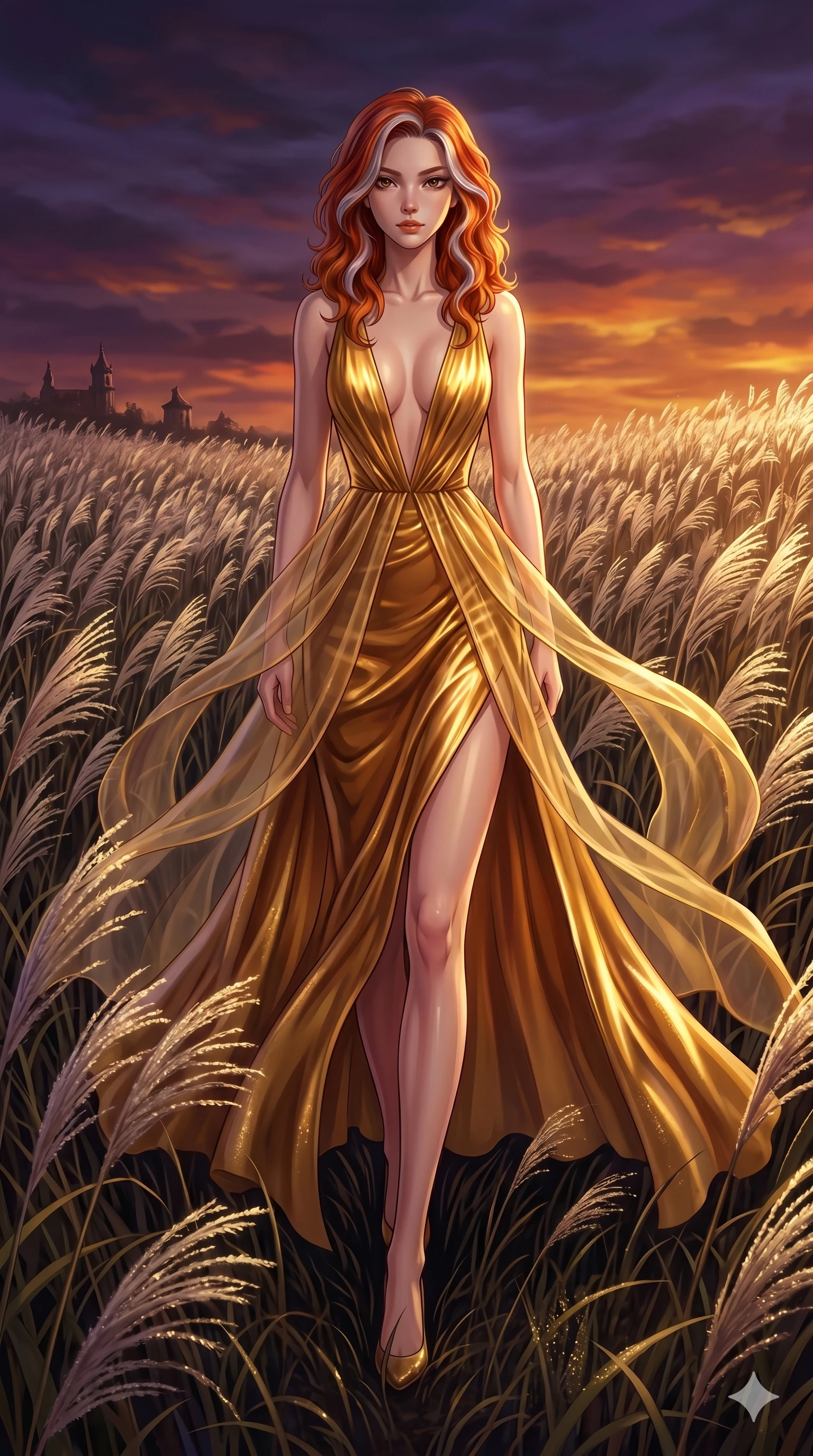score_9, masterpiece, best quality, ultra-detailed, High-budget Anime Keyframe, East Asian woman. Dynamic full-body shot stretching the vertical silhouette to the limit. Scenario 208: Walking through a field of tall silver grass at twilight. Her presence is magnetic and overpowering in this high-budget anime scene. Outfit 208: A molten liquid silk gold with a plunging V-neckline and translucent layers. The clothing is designed to emphasize her exceptionally tall and slender 8-heads proportion. 8-heads proportion, towering silhouette, ultra-slim waist. sharp v-shaped jawline, intricate jewel-like eyes with depth, thick eyelashes, glossy lips. 2k, ultra detail, master piece, 9:16 ratio