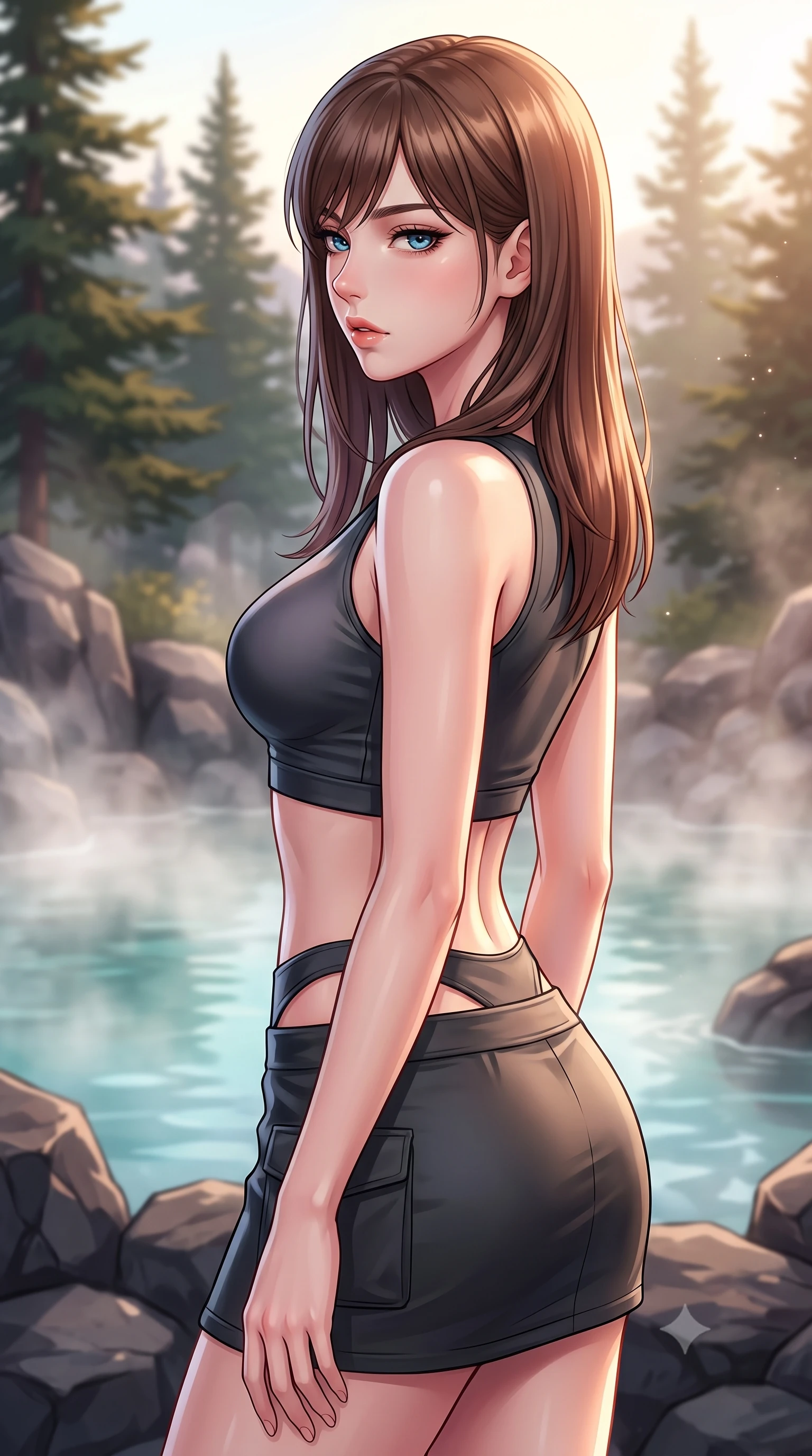 score_9, masterpiece, best quality, ultra-detailed, high-budget anime keyframe, editorial fashion photography, tasteful artistic composition, Korean woman. close-up cowboy shot from the waist and thighs up, the character dominates the composition, filling the frame with her large presence, background elements kept in soft focus. turning her face in profile to look over her shoulder, casting a smoldering side gaze with lips slightly parted, the background shows a soft-focus a volcanic glass hot spring surrounded by basalt rocks and pine trees. She has an exceptionally elegant, slender, and willowy female figure with an ultra-slim waist, a gracefully sculpted slender torso, and a refined silhouette. sharp v-shaped jawline, high-bridge nose, intricate jewel-like eyes with depth, thick eyelashes, glossy lips with a natural sheen. wearing a body-hugging modern carbon-alloy crop top paired with a low-rise tactical skirt and a subtle waist cut-out. soft morning mist diffusing the warm starlight, creating a cozy wash. highly saturated vibrant anime colors, detailed shading with soft gradients, rich glossy textures, high-contrast stereoscopic depth, volumetric dynamic lighting, master piece, 9:16 ratio