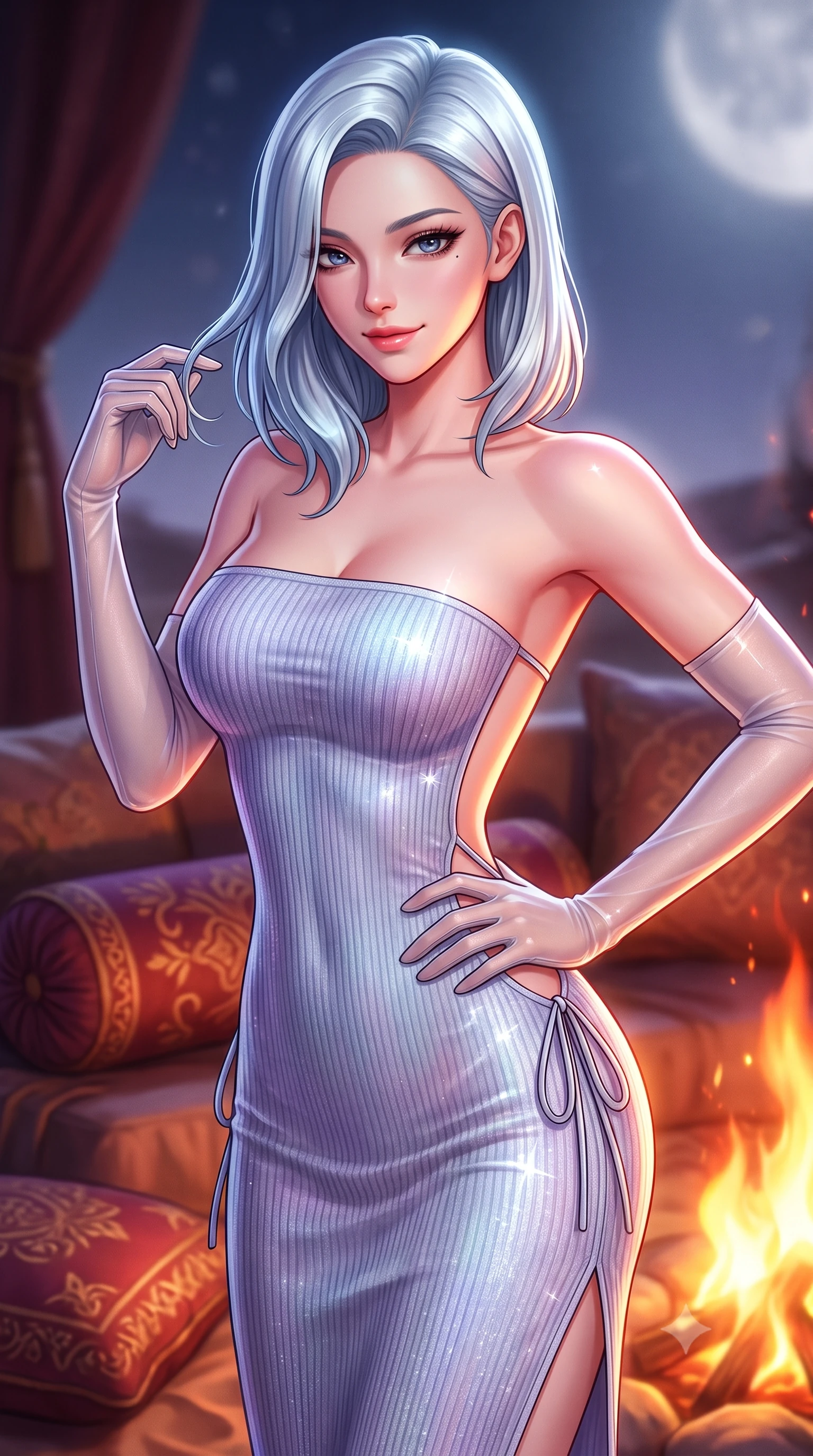 score_9, masterpiece, best quality, ultra-detailed, high-budget anime keyframe, semi-realistic 3D game render, editorial fashion photography, tasteful artistic composition, Korean woman. close-up cowboy shot from the waist and thighs up, the character dominates the composition, filling the frame with her large presence. twisting her slender torso in an alluring contrapposto stance, one hand resting on her sculpted hip while her fingers toy with her hair with effortless poise while twisting her slender torso in an alluring contrapposto stance, flickering orange flames and silver desert moonlight tracing her curves. The background shows a soft-focus embroidered velvet bolsters softened in romantic desert safari shallow focus. She has an exceptionally elegant, slender, and willowy female figure with an ultra-slim waist, flat toned midriff, narrow ribcage, and sculpted feminine hips creating an alluring, slim hourglass silhouette without bulk. sharp v-shaped jawline, high-bridge nose, sparkling eyes with hypnotic seductive depth, thick curled eyelashes, glossy parted lips with a natural dewy peach sheen, alluring bedroom-eyes with an enchanting coquettish smile, exuding magnetic siren charisma and sophisticated glamour, flawlessly proportioned anatomical accuracy, strict slender model proportions, natural body alignment, perfectly sculpted long slender limbs, ultra-slim waistline, clean dynamic posture without body distortion. wearing a form-contouring ribbed knit tube dress with subtle side-lace ties tracing the curve of her hips in icy aurora-violet and glacial liquid silver, woven from stretch metallic lurex jersey casting radiant starlight glints across her silhouette, complemented by sheer opera-length evening gloves tracing her slender arms, the precision-cut side openings and low-back scoop framing her graceful spine and the sensual sweep of her slim, toned hips. bathed in the intense warm amber and crimson flicker of open campfire flames mixed with pure silver moonlight. highly saturated vibrant anime colors, detailed shading with soft gradients, rich glossy textures, high-contrast stereoscopic depth, volumetric dynamic lighting, master piece, 9:16 ratio
