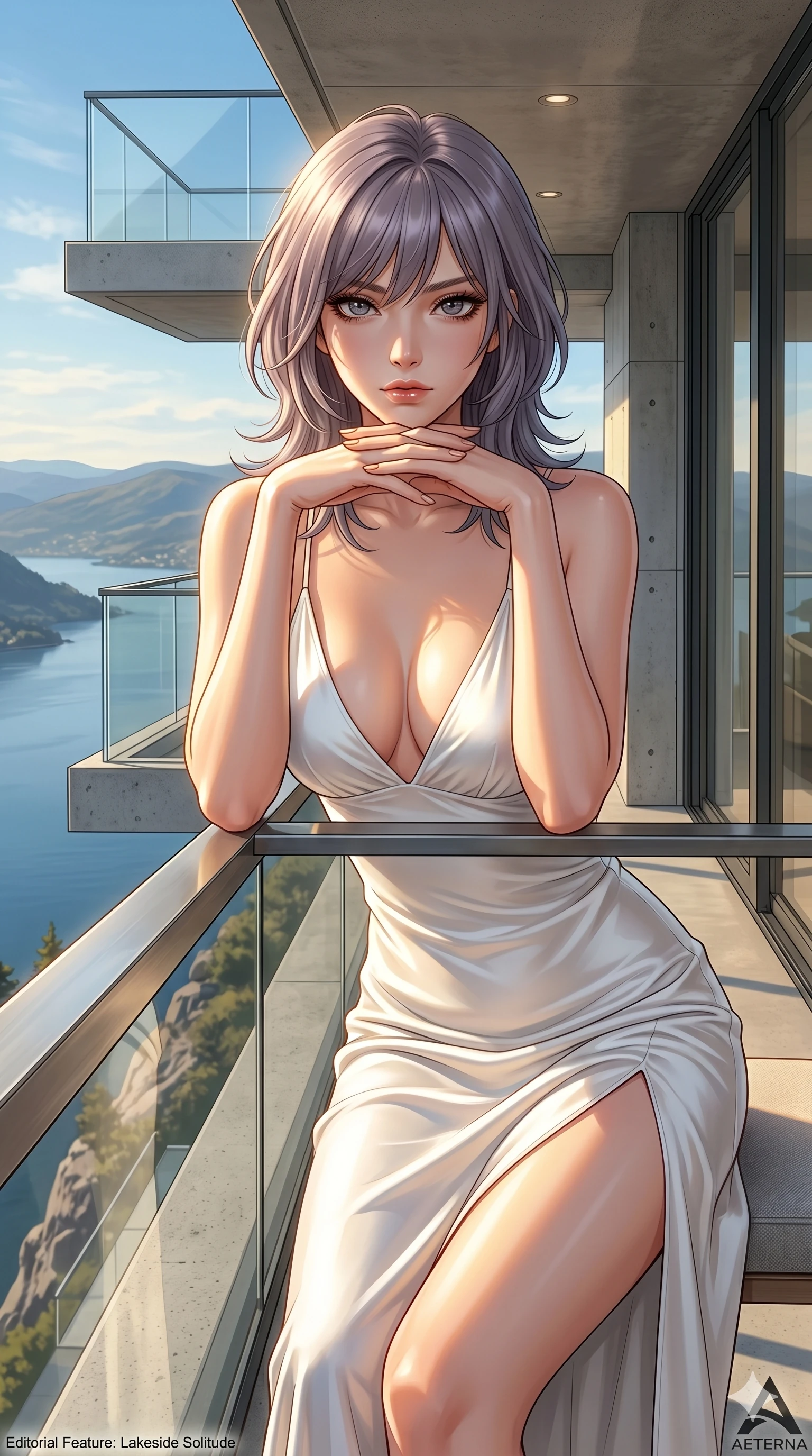 score_9, masterpiece, best quality, ultra-detailed, high-budget anime keyframe, editorial fashion photography, tasteful artistic composition, Japanese woman. cowboy shot from the thighs up, character and outfit filling the frame for maximum editorial presence. resting her chin on her fingers, looking directly into the lens with a piercing, mysterious gaze on a private viewing balcony of a modern architectural home built on a cliffside over a lake (Code-P148). She has an absolutely perfect 8-heads proportion, an exceptionally tall and slender female figure with impossibly long slender legs and an ultra-slim waist. V-shaped jawline, high-bridge nose, intricate jewel-like eyes with depth, thick eyelashes, glossy lips with a natural sheen. wearing a pristine white silk slip dress with a plunging V-neckline and a high side slit to mid-thigh. drenched in brilliant afternoon sunshine, casting warm rays that trace the curves of her athletic figure. 2k, ultra detail, master piece, 9:16 ratio