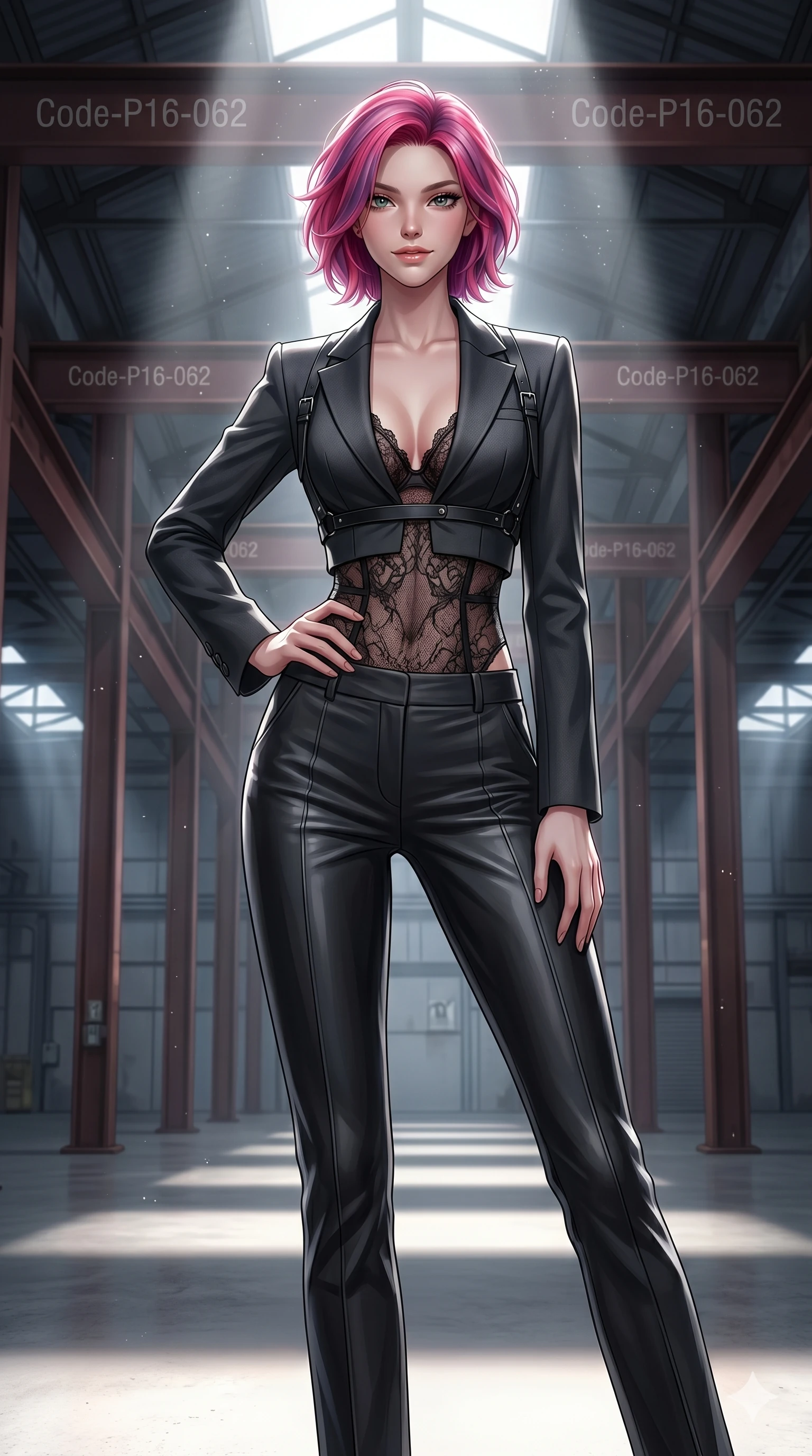 score_9, masterpiece, best quality, ultra-detailed, high-budget anime keyframe, editorial fashion photography, tasteful artistic composition, Caucasian woman, strictly human ears. cowboy shot from the thighs up, character and outfit filling the frame for maximum editorial presence. posing with quiet magnetic self-assurance, looking directly into the lens with a confident grin inside a high-fashion industrial warehouse with steel beams (Code-P16-062). She has an absolutely perfect 8-heads proportion, an exceptionally tall and slender female figure with impossibly long slender legs and an ultra-slim waist. V-shaped jawline, high-bridge nose, intricate jewel-like eyes with depth, thick eyelashes, glossy lips with a natural sheen. wearing a structured crop blazer with black leather harness straps over a sheer lace bodysuit. dramatic theater spotlights from above, outlining her tall slender figure and waist. 2k, ultra detail, master piece, 9:16 ratio