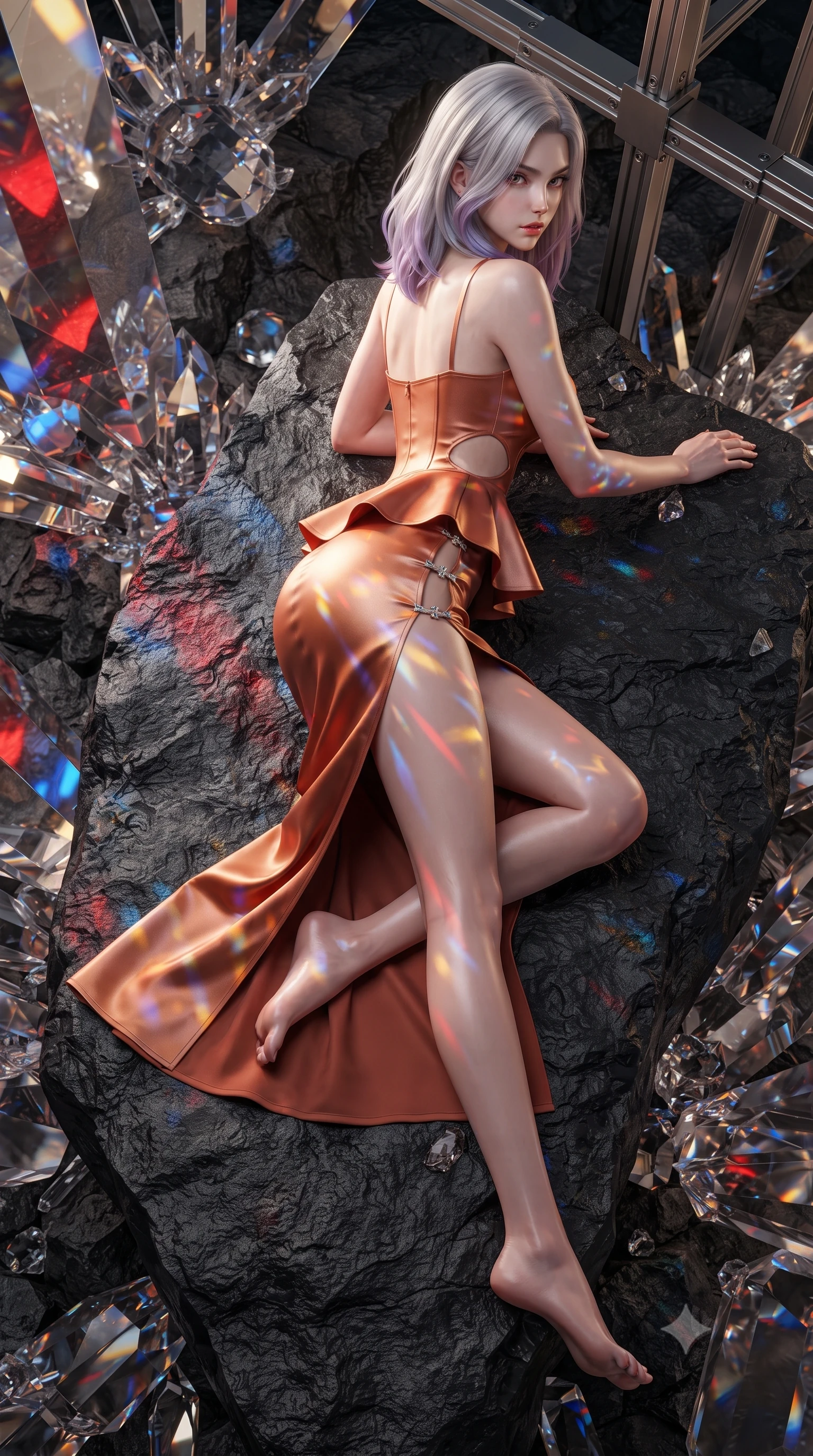 score_9, masterpiece, best quality, ultra-detailed, high-budget anime keyframe, editorial fashion photography, tasteful artistic composition, Caucasian woman. low angle full-body shot from head to toe showing her feet, filling the entire 9:16 vertical frame with her statuesque presence, stretching her vertical silhouette. posing with back turned slightly to the lens, glancing back with smoldering allure as she arches her lower back to emphasize her sculpted feminine hips and slender waist while reclining across a black basalt viewing platform propped on one elbow, her slender waist and feminine curves sculpted by shimmering crystal refractions. The surrounding environment is rendered in vivid detail and crisp panoramic clarity. sharp crystal facet cleavages, basalt rock fractures, and titanium gantry bolt seams in deep focus. She has an exceptionally tall and slender model-like 8.5-heads proportion, an ultra-slim waist, a flat toned midriff, narrow delicate ribcage, and beautifully sculpted feminine hips creating a graceful, slim hourglass silhouette without any bulky heaviness, with impossibly long slender legs. sharp v-shaped jawline, high-bridge nose, intricate jewel-like eyes with depth, thick eyelashes, glossy parted lips with a natural sheen, intensely captivating and seductive bedroom-eyes expression, flawlessly proportioned anatomical accuracy, strict slender model proportions, natural body alignment, perfectly sculpted long slender limbs, ultra-slim waistline, clean dynamic posture without body distortion. wearing a modern peplum corset dress with side-waist diamond cutouts and an ultra-tight silhouette in molten desert gold and burnt terracotta, tailored from ultra-smooth duchess satin with a pearlescent sheen, finished with an ultra-high side slit secured by miniature jeweled clasps, the glove-like aerodynamic silhouette tightly following the natural contour of her hips and long slender legs with statuesque 8.5-heads elegance. illuminated by dazzling crystal facet reflections sharply defining her sculpted collarbones, ultra-slim waist, and curvy hips. ultra-reflective glossy finish, specular highlights, rich textural contrasts, high-contrast stereoscopic depth, volumetric dynamic lighting, 2k, ultra detail, master piece, 9:16 ratio