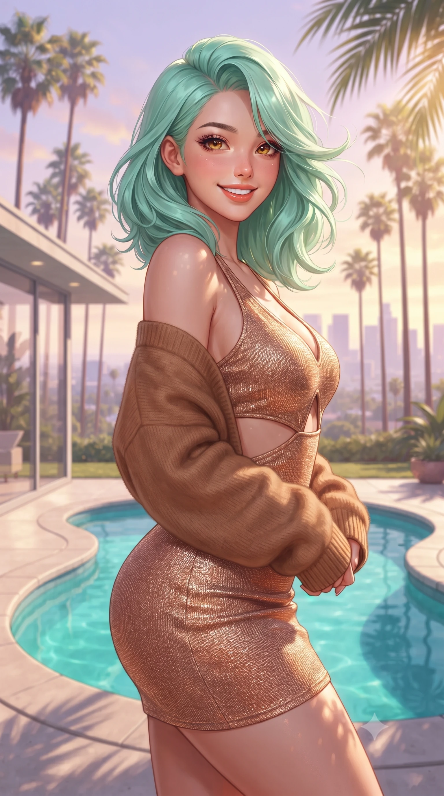score_9, masterpiece, best quality, ultra-detailed, high-budget anime keyframe, editorial fashion photography, tasteful artistic composition, Japanese woman. close-up cowboy shot from the waist and thighs up, the character dominates the composition, filling the frame with her large presence. turning playfully with a bright confident smile, her glossy hair tossing in the coastal breeze as her hips angle gracefully in a captivating contrapposto while standing poised beside the turquoise kidney-shaped pool outside the glass-walled villa, arching her back with glamorous Hollywood starlet poise. The composition keeps background elements in soft focus with dreamy creamy bokeh. rows of towering California fan palms and the Los Angeles skyline bathed in twilight blurred into pastel violet, peach, and gold bokeh. She has an exceptionally elegant, slender, and willowy female figure with an ultra-slim waist, flat toned midriff, narrow ribcage, and sculpted feminine hips creating an alluring, slim hourglass silhouette without bulk. sharp v-shaped jawline, high-bridge nose, sparkling amber-hazel eyes with depth, long lush eyelashes, glossy sun-kissed lips with a warm coral glaze, radiant teasing smile with sensual sunlit bedroom-eyes, exuding effortless old-money elegance and intoxicating sun-drenched allure, flawlessly proportioned anatomical accuracy, strict slender model proportions, natural body alignment, perfectly sculpted long slender limbs, ultra-slim waistline, clean dynamic posture without body distortion. wearing a cut-out golden metallic knit mini dress with open-waist architecture emphasizing her hourglass curves in soft dusty rose and molten copper shimmer, made of liquid-tight stretch jersey emphasizing every curve of her body, complemented by an oversized soft cashmere knit cardigan slipping off one bare shoulder, the glove-like silhouette tightly following the natural contour of her hips and long slender legs with youthful 8.5-heads elegance. bathed in golden California sunset light filtering through palm fronds. ultra-reflective glossy finish, specular highlights, rich textural contrasts, high-contrast stereoscopic depth, volumetric dynamic lighting, 2k, ultra detail, master piece, 9:16 ratio