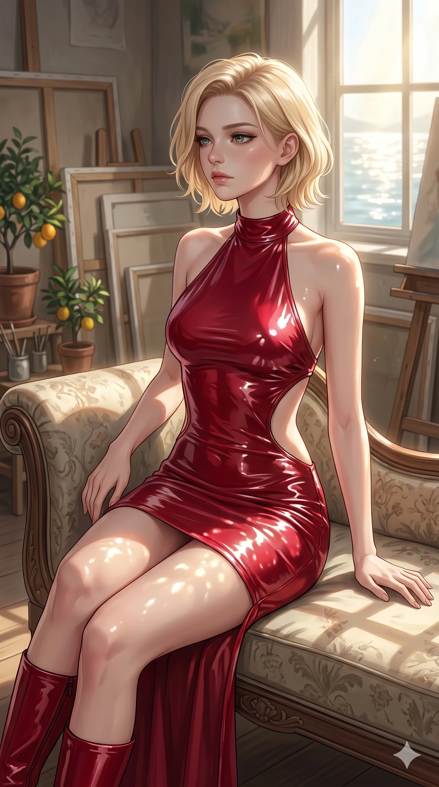 score_9, masterpiece, best quality, ultra-detailed, high-budget anime keyframe, editorial fashion photography, tasteful artistic composition, Caucasian woman, strictly human ears. cowboy shot from the thighs up, character and outfit filling the frame for maximum editorial presence. gazing past the camera with wistful, melancholic eyes, her posture relaxed and full of quiet elegance in a quiet sun-washed art atelier filled with canvases and potted citrus plants (Code-P025). She has an absolutely perfect 8-heads proportion, an exceptionally tall and slender female figure with impossibly long slender legs and an ultra-slim waist. V-shaped jawline, high-bridge nose, intricate jewel-like eyes with depth, thick eyelashes, glossy lips with a natural sheen. wearing a glove-like wet-look crimson vinyl dress with a bold halter neck and dramatic side cutouts. bathed in brilliant morning sunshine reflecting off the water, casting glittering light patterns across her skin. 2k, ultra detail, master piece, 9:16 ratio