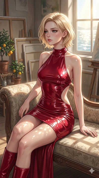 score_9, masterpiece, best quality, ultra-detailed, high-budget anime keyframe, editorial fashion photography, tasteful artistic composition, Caucasian woman, strictly human ears. cowboy shot from the thighs up, character and outfit filling the frame