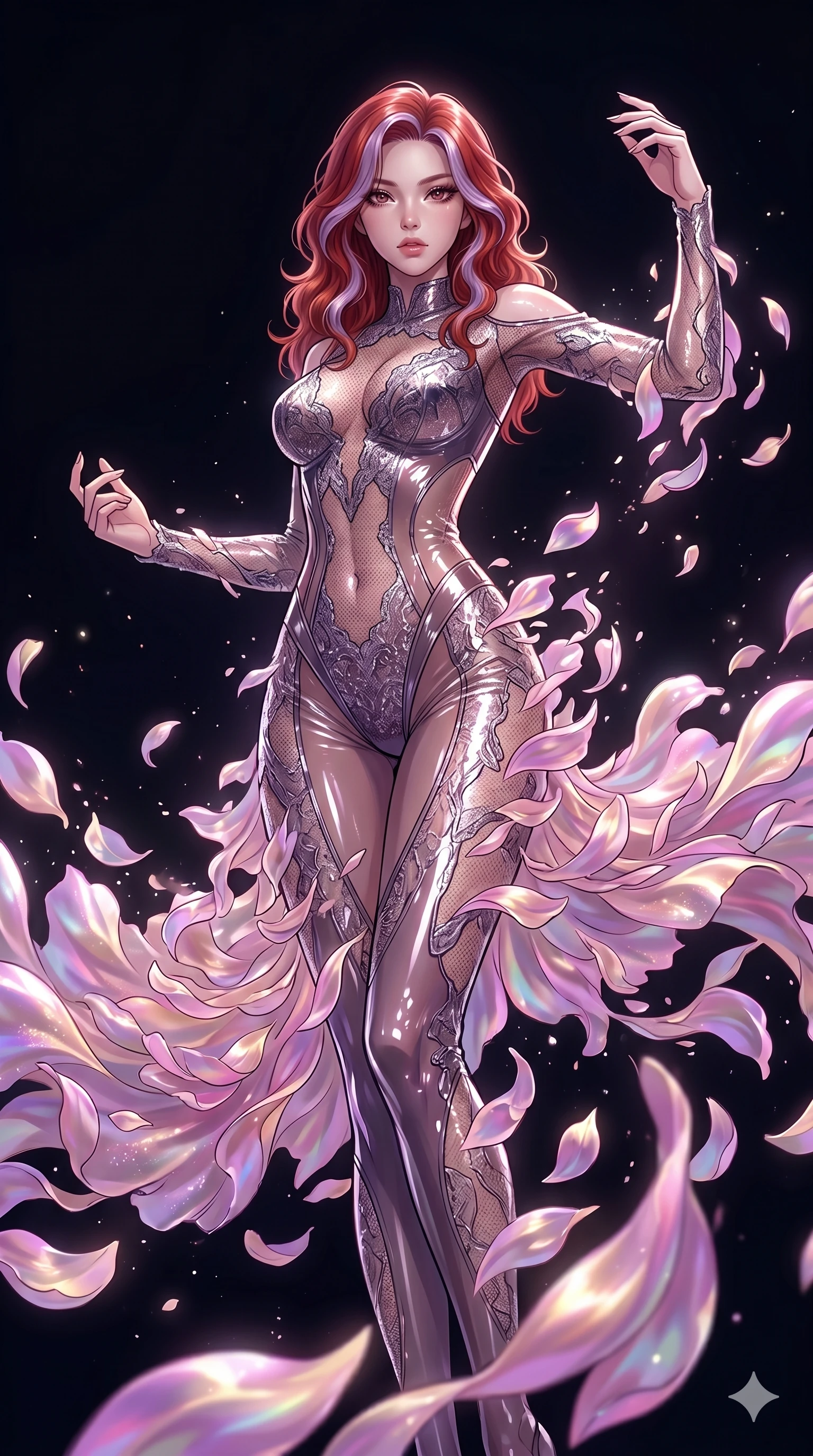 score_9, masterpiece, best quality, ultra-detailed, High-budget Anime Keyframe, East Asian woman. Low angle cowboy shot filling the entire 9:16 frame with her statuesque presence. Scenario 221: Dissolving into a cloud of iridescent silk petals in a void. Her presence is magnetic and overpowering in this high-budget anime scene. Outfit 221: A micro-mesh lace dangerous with a sheer panels and wet-look texture. The clothing is designed to emphasize her exceptionally tall and slender 8-heads proportion. 8-heads proportion, towering silhouette, ultra-slim waist. sharp v-shaped jawline, intricate jewel-like eyes with depth, thick eyelashes, glossy lips. 2k, ultra detail, master piece, 9:16 ratio