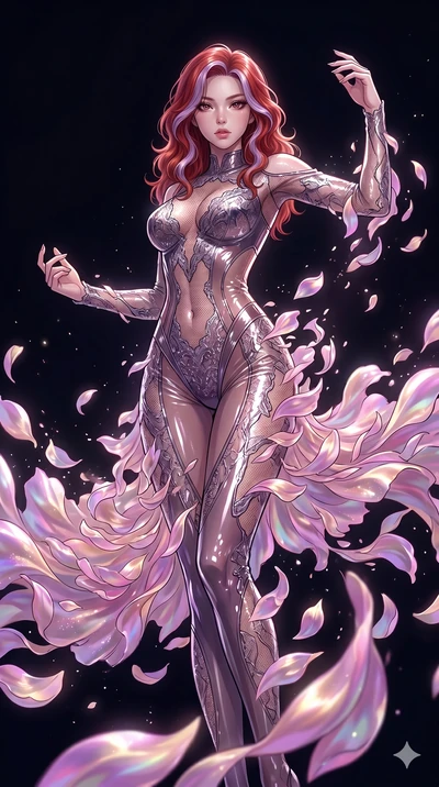 score_9, masterpiece, best quality, ultra-detailed, High-budget Anime Keyframe, East Asian woman. Low angle cowboy shot filling the entire 9:16 frame with her statuesque presence. Scenario 221: Dissolving into a cloud of iridescent silk petals in a v