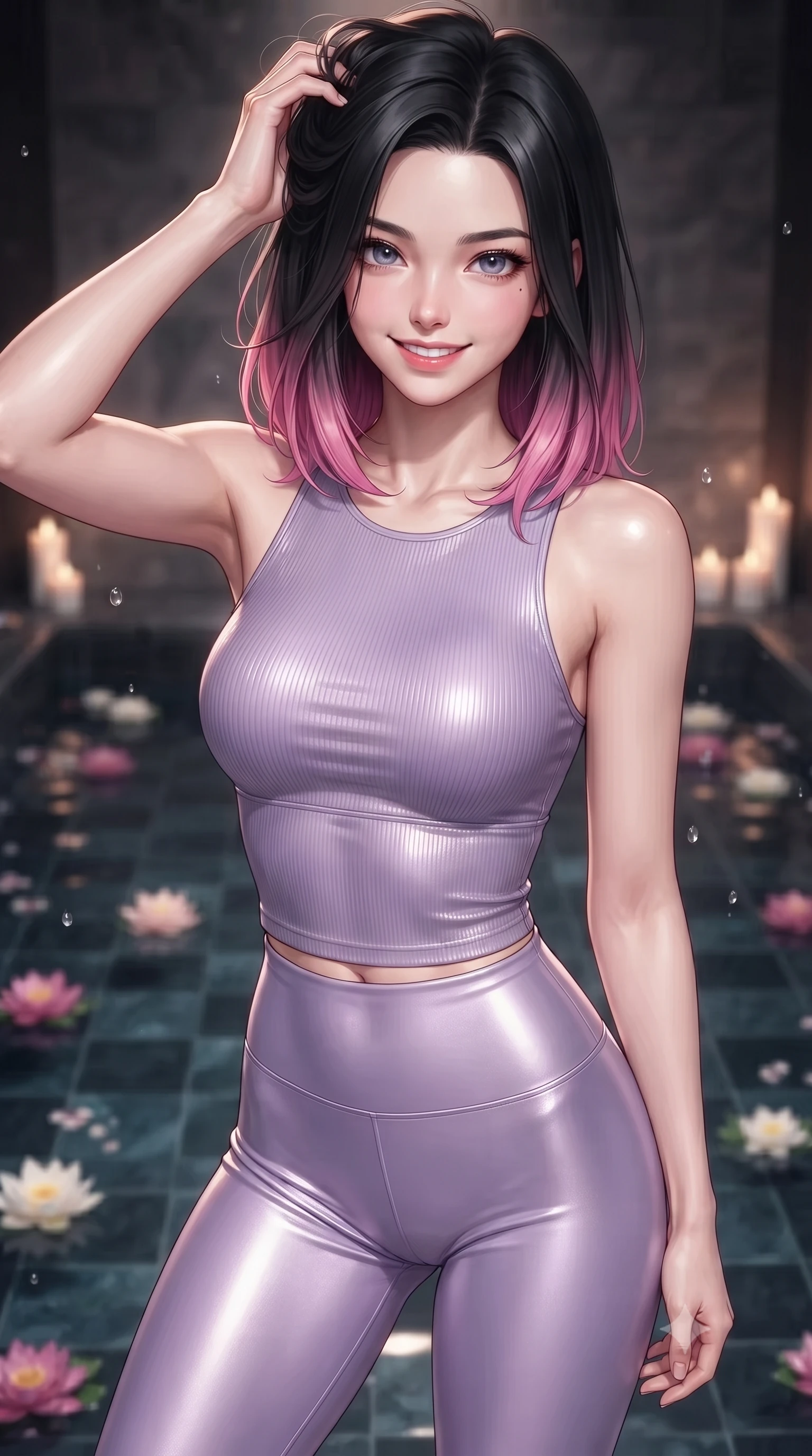 score_9, masterpiece, best quality, ultra-detailed, high-budget anime keyframe, editorial fashion photography, tasteful artistic composition, Korean woman woman. close-up cowboy shot from the waist and thighs up, the character dominates the composition, filling the frame with her large presence, background elements kept in soft focus. smiling with quiet, magnetic self-assurance directly into the camera, running a hand through her hair the background shows a soft-focus a private indoor spa pool with dark tiled floors and floating flower blossoms. She has an exceptionally elegant, slender, and willowy female figure with an ultra-slim waist, a gracefully sculpted slender torso, and a refined silhouette. sharp v-shaped jawline, high-bridge nose, intricate jewel-like eyes with depth, thick eyelashes, glossy lips with a natural sheen. wearing a body-hugging body-hugging ribbed activewear top and leggings set in soft lavender. soft flickering candle glow refracting through the moving water droplets. ultra-reflective glossy finish, specular highlights, metallic sheen, high-contrast stereoscopic depth, volumetric dynamic lighting, 2k, ultra detail, master piece, 9:16 ratio